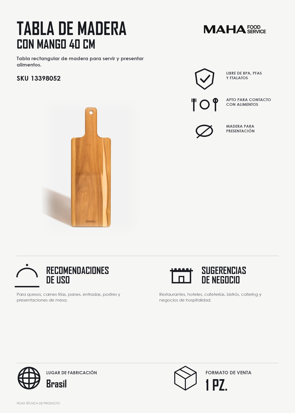 Ficha técnica de Tabla para servir rectangular de madera con mango 40x13.5 cm