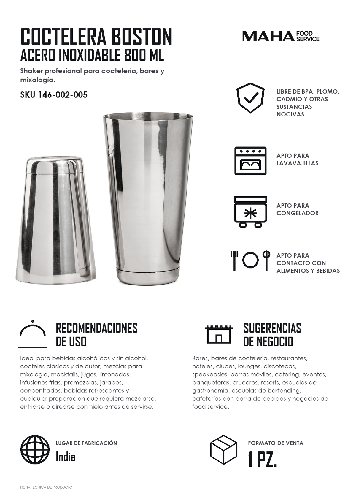 Ficha tÃ©cnica de Coctelera boston de acero inoxidable plata 800 ml