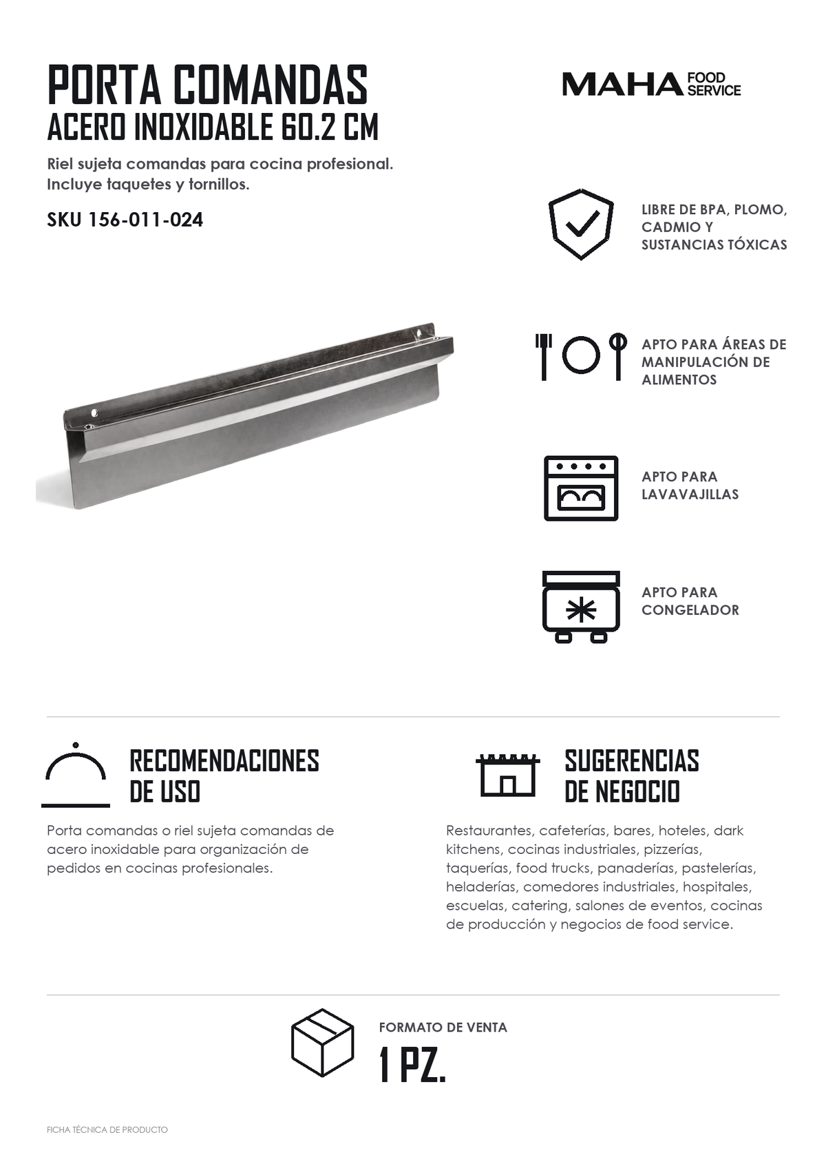 Ficha tÃ©cnica de Porta comandas de acero inoxidable plata 60.2 cm
