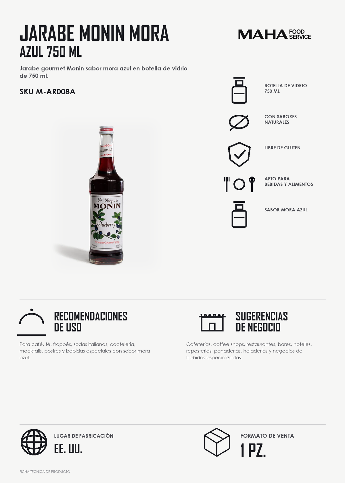 Ficha tÃ©cnica de Jarabe de mora azul botella de vidrio Monin 750 ml