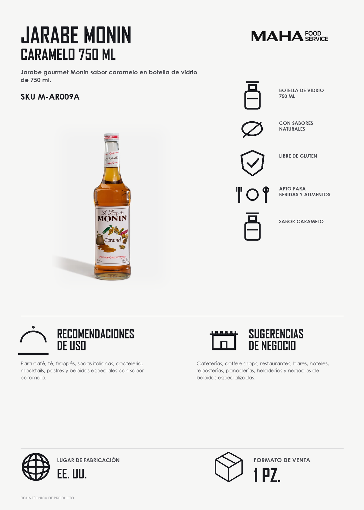 Ficha tÃ©cnica de Jarabe de caramelo botella de vidrio Monin 750 ml
