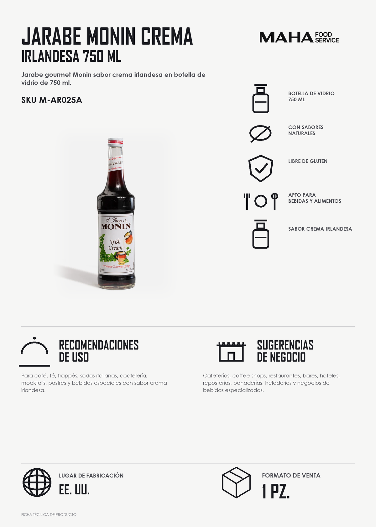Ficha tÃ©cnica de Jarabe de crema irlandesa botella de vidrio Monin 750 ml