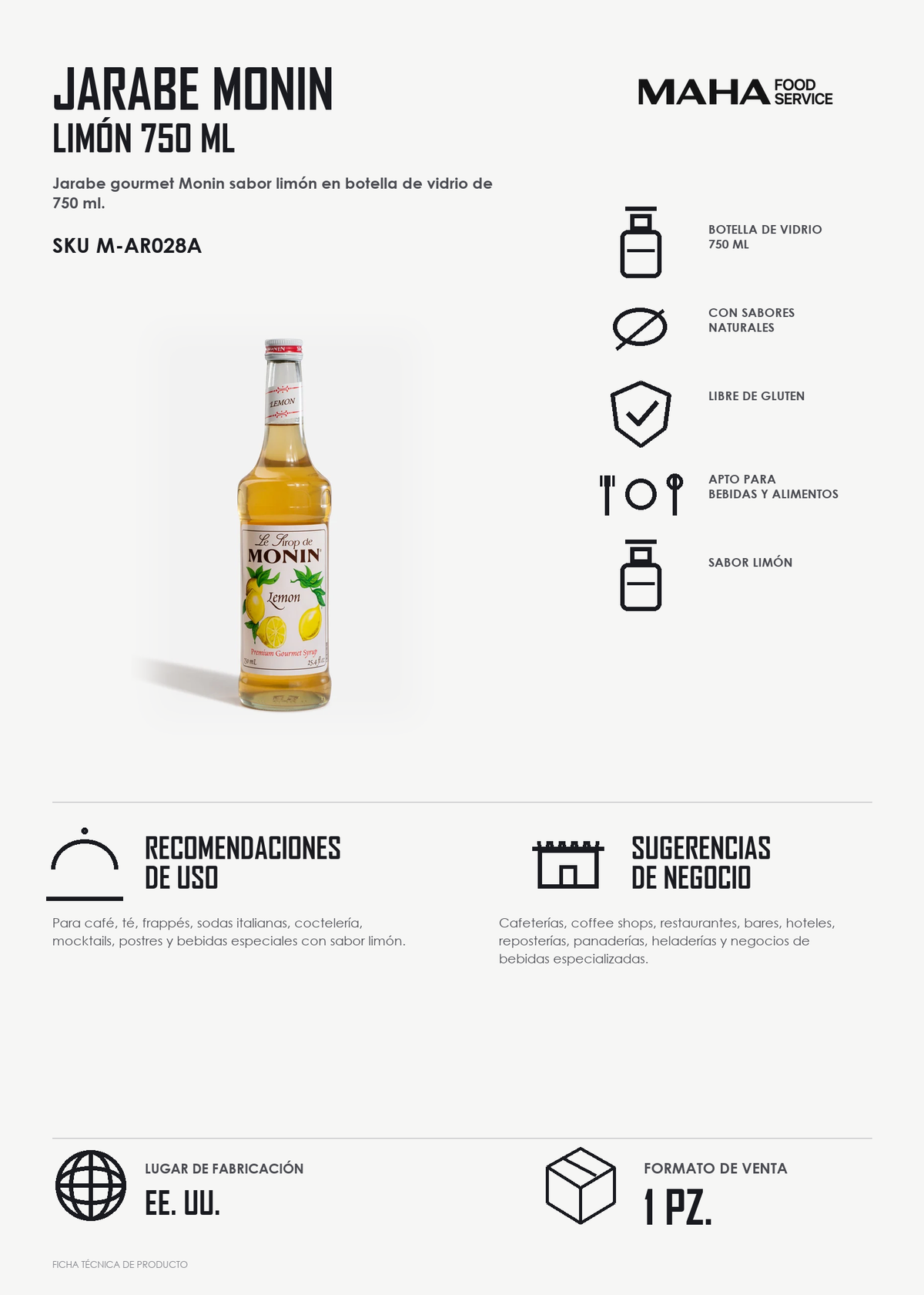 Ficha tÃ©cnica de Jarabe de limón botella de vidrio Monin 750 ml
