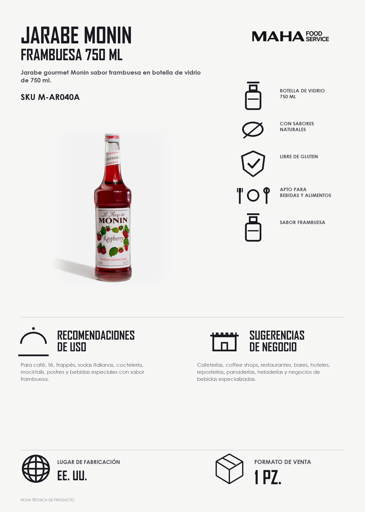 Ficha tÃ©cnica de Jarabe de frambuesa botella de vidrio Monin 750 ml