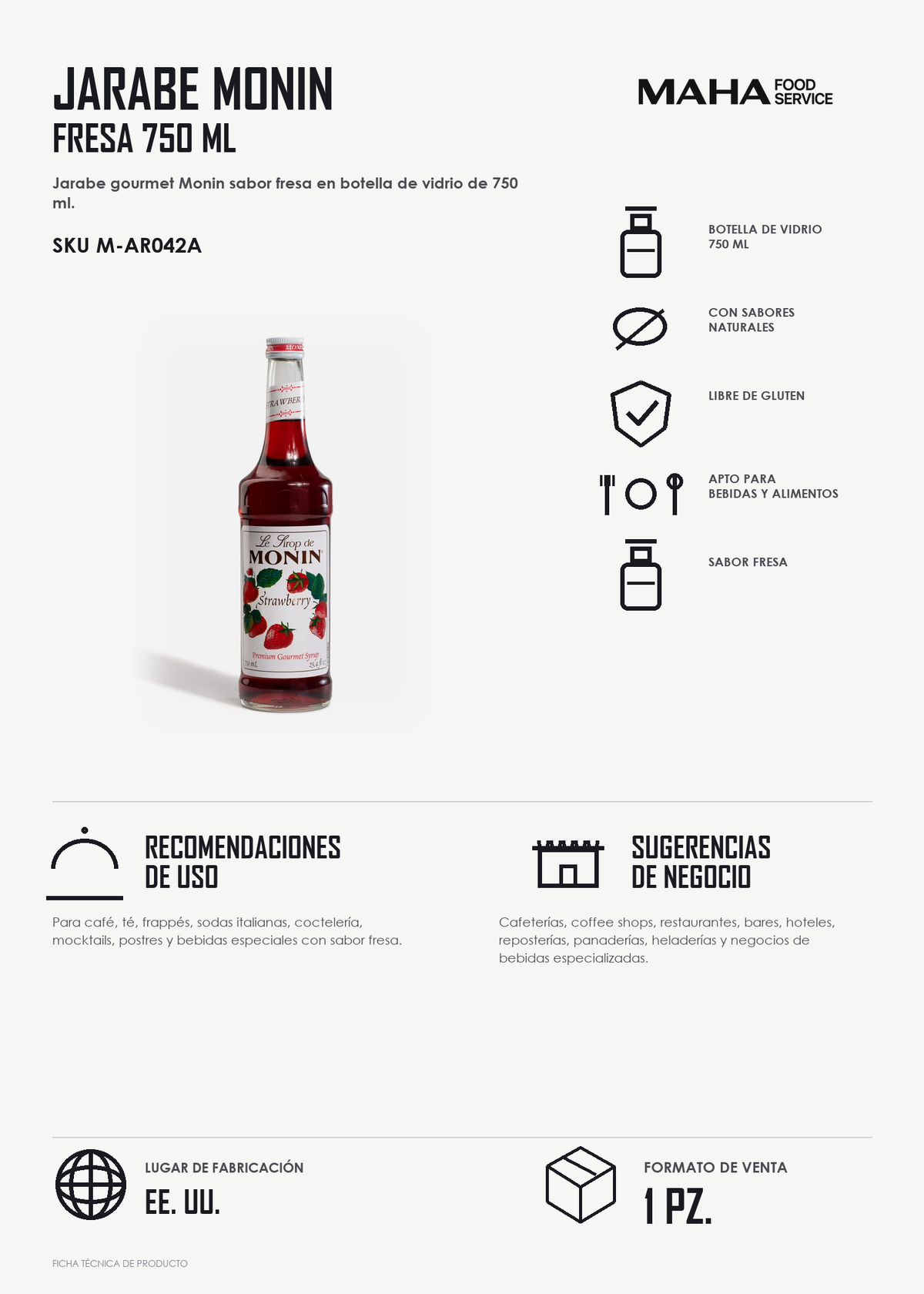 Ficha tÃ©cnica de Jarabe de fresa botella de vidrio Monin 750 ml