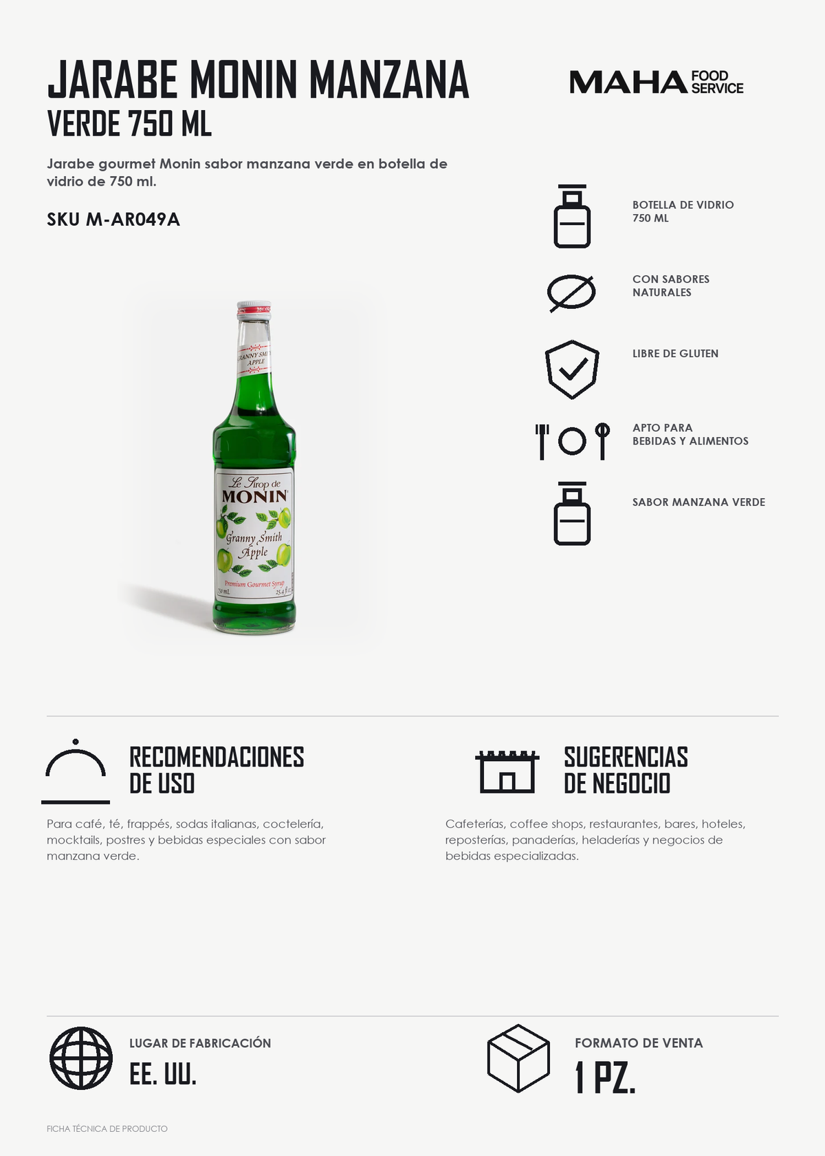 Ficha tÃ©cnica de Jarabe de manzana botella de vidrio Monin 750 ml