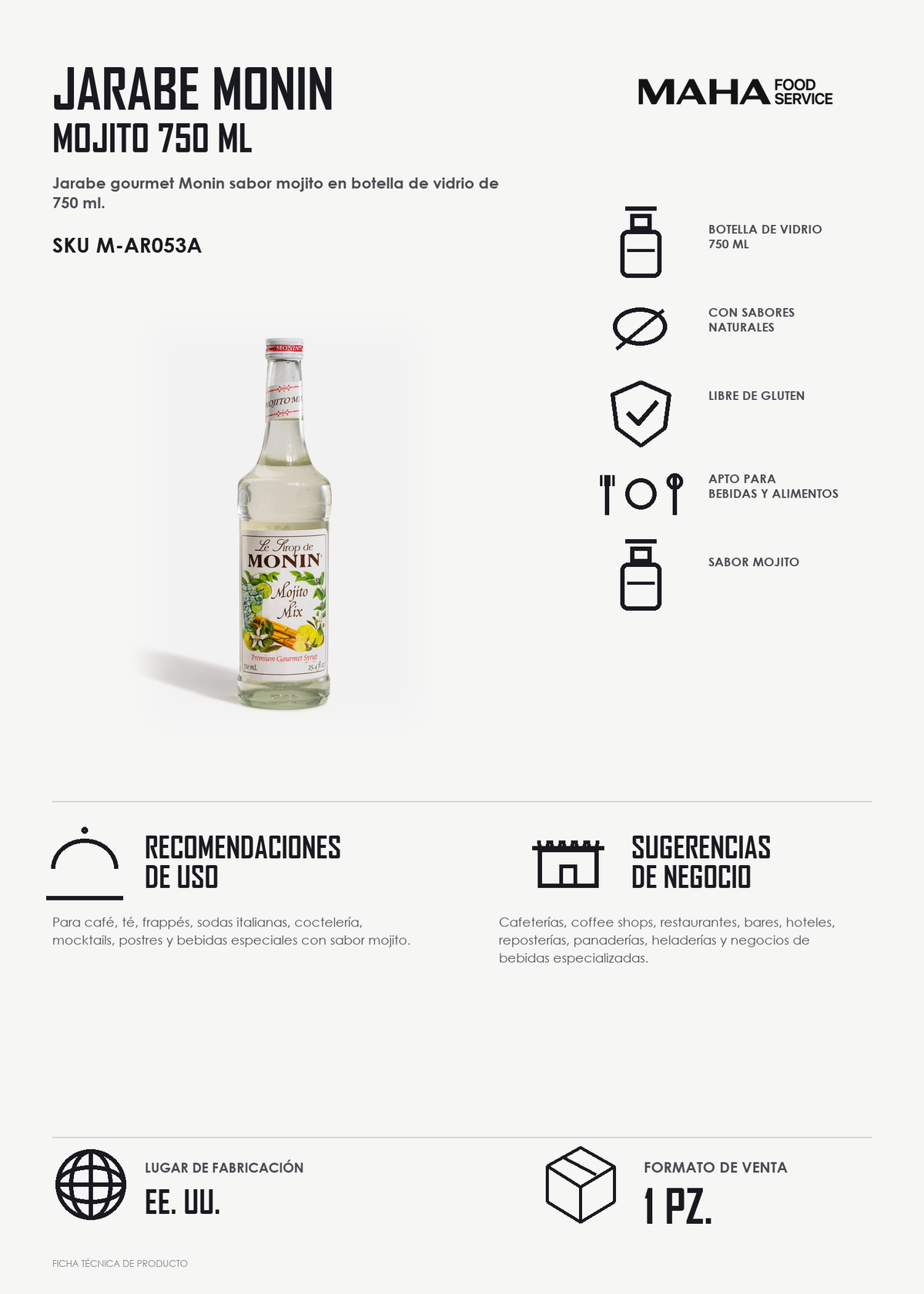 Ficha tÃ©cnica de Jarabe de mojito botella de vidrio Monin 750 ml