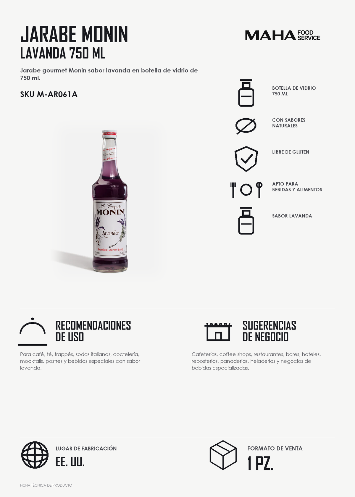 Ficha tÃ©cnica de Jarabe de lavanda botella de vidrio Monin 750 ml