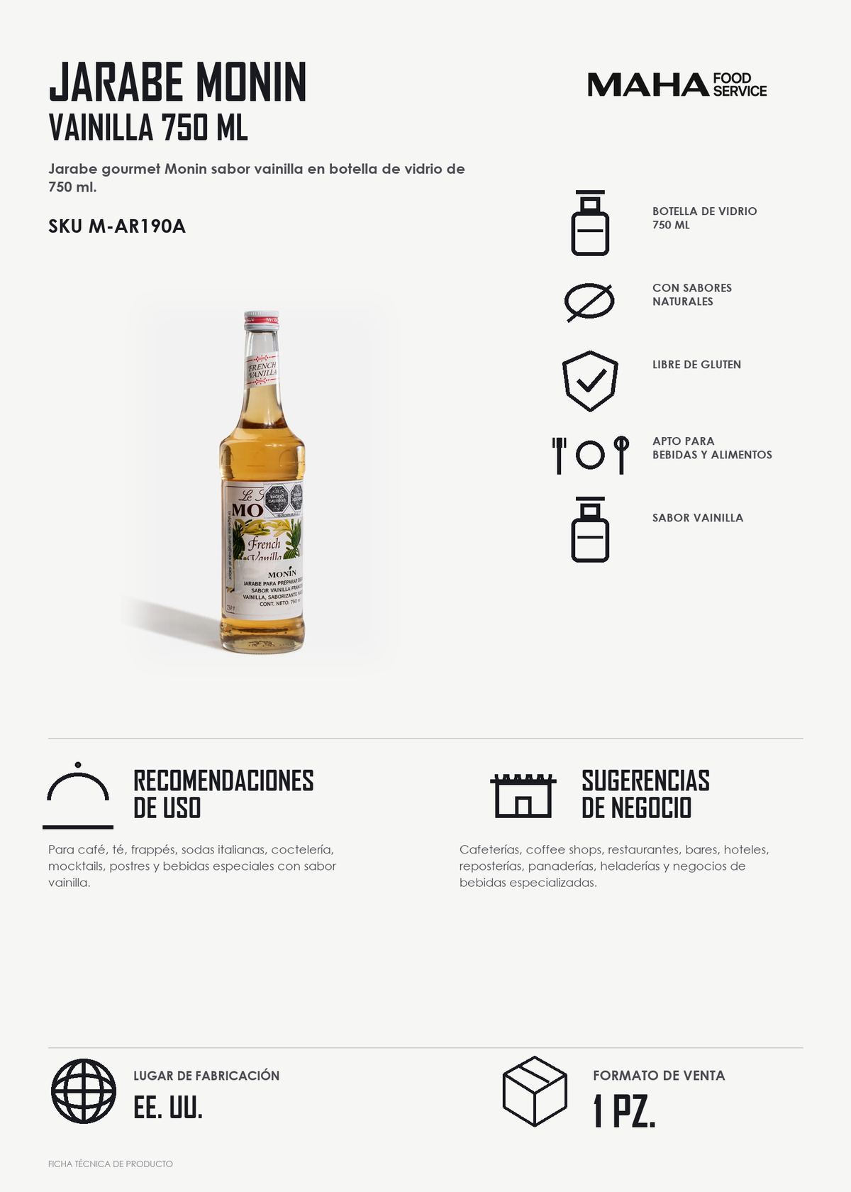 Ficha tÃ©cnica de Jarabe de vainilla botella de vidrio Monin 750 ml
