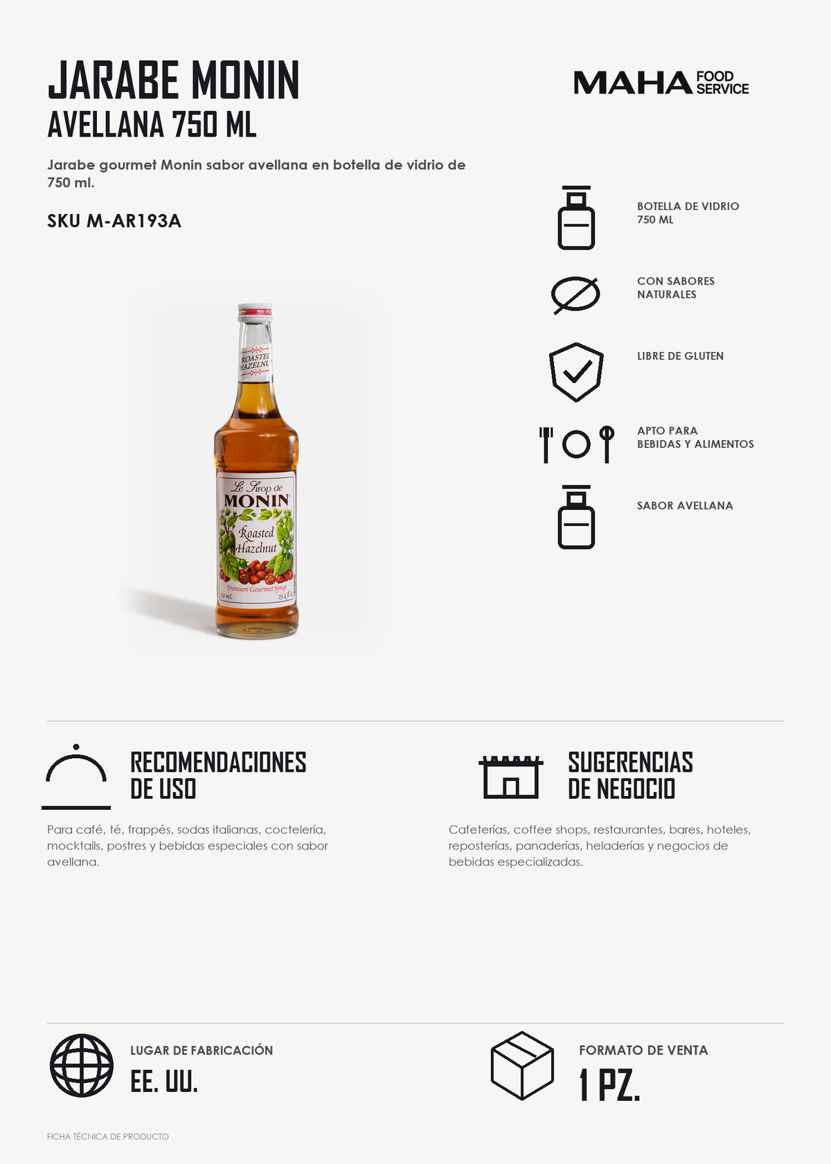 Ficha tÃ©cnica de Jarabe de avellana botella de vidrio Monin 750 ml