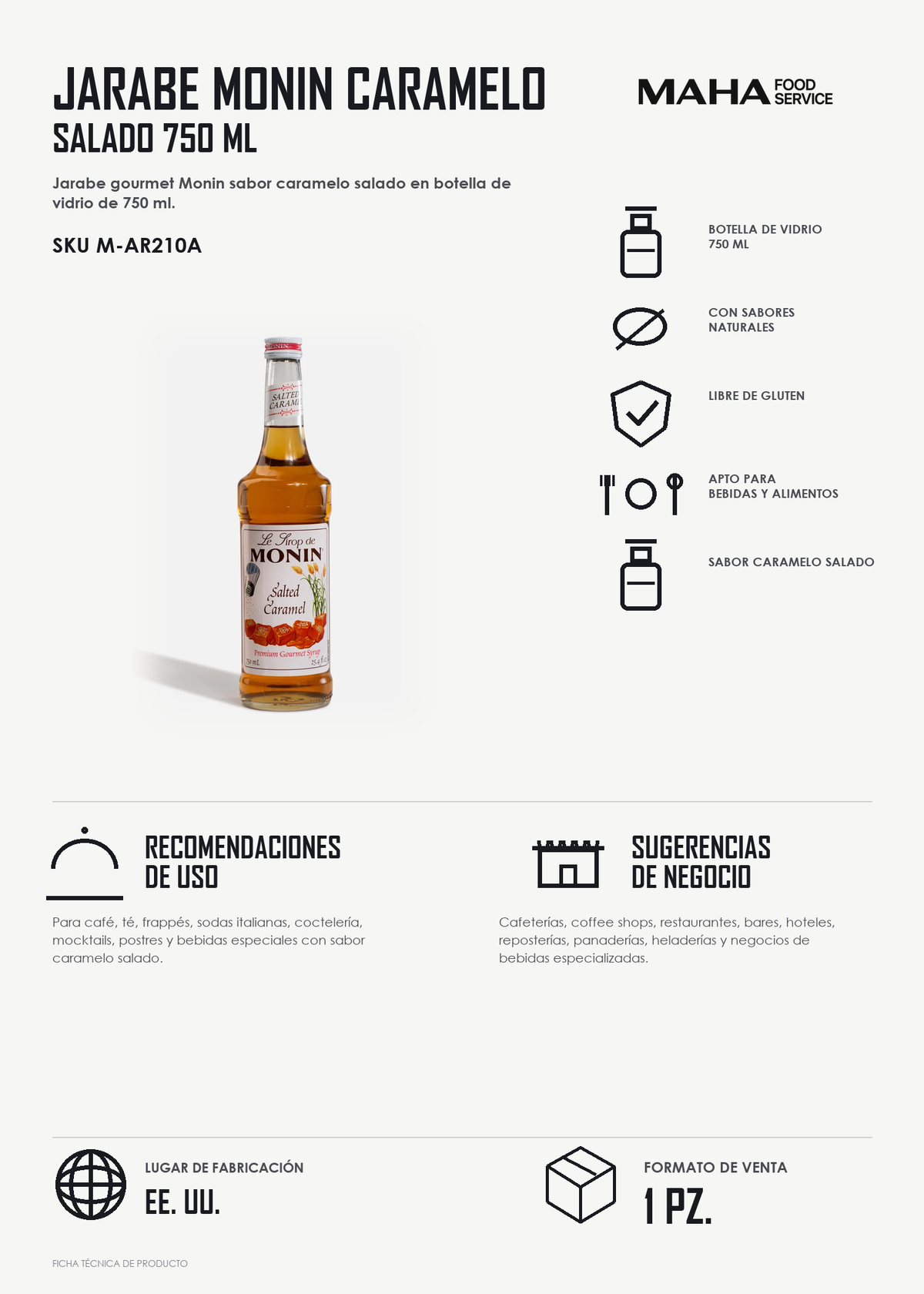Ficha tÃ©cnica de Jarabe de caramelo salado botella de vidrio Monin 750 ml