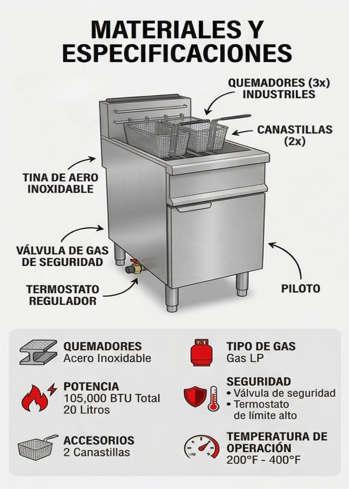 Freidora de gas LP de acero inoxidable NSF con 3 quemadores 20 L y 2 canastillas gas LP — imagen de producto