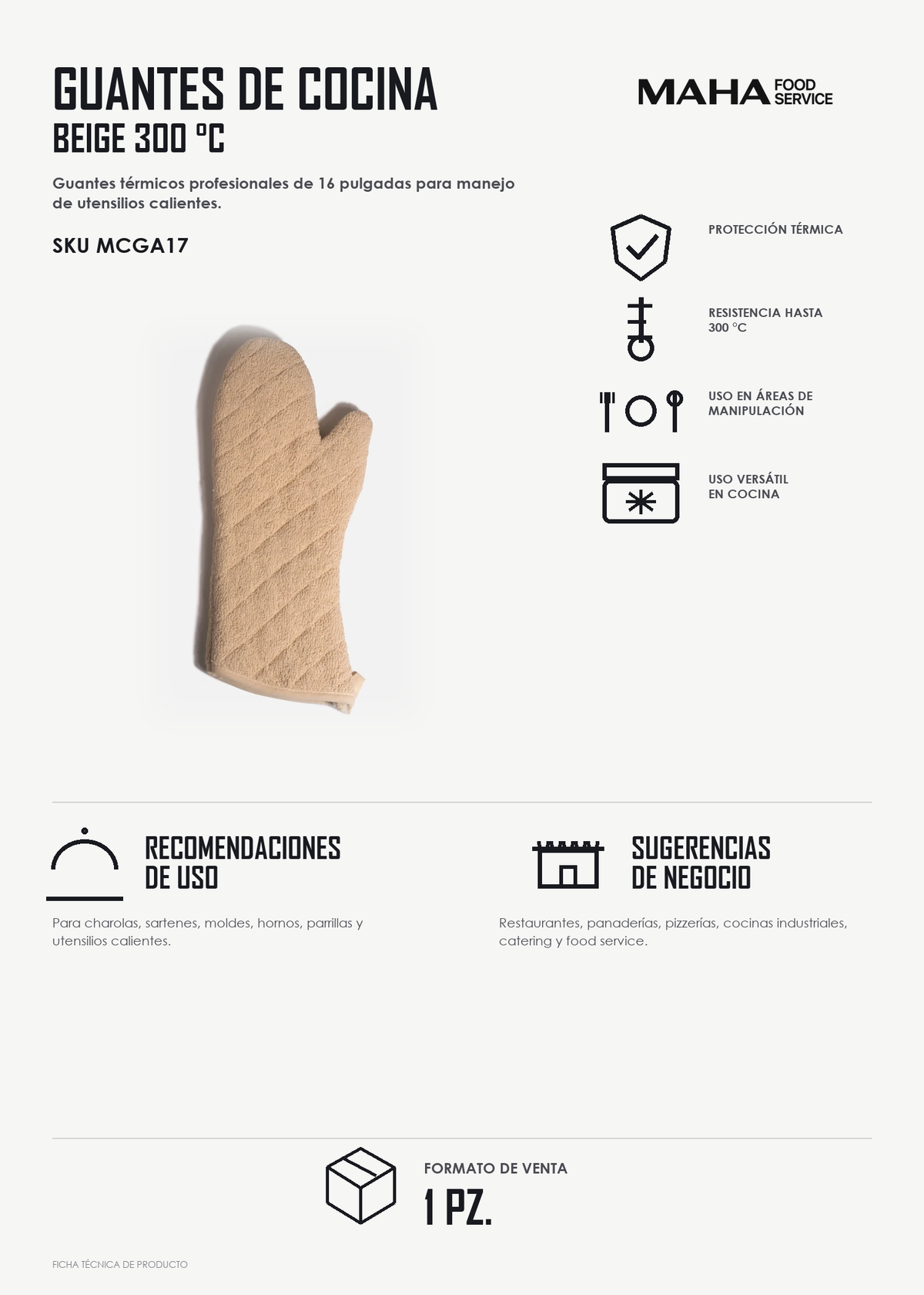 Ficha tÃ©cnica de Guantes de cocina profesional beige resistente a 300° C 16"