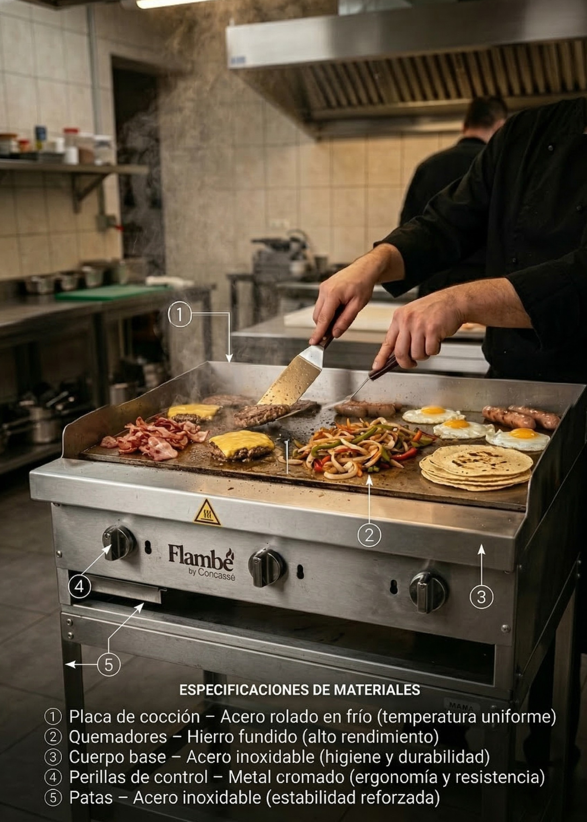 Plancha de 36 pulgadas en uso en cocina de restaurante con especificaciones de materiales