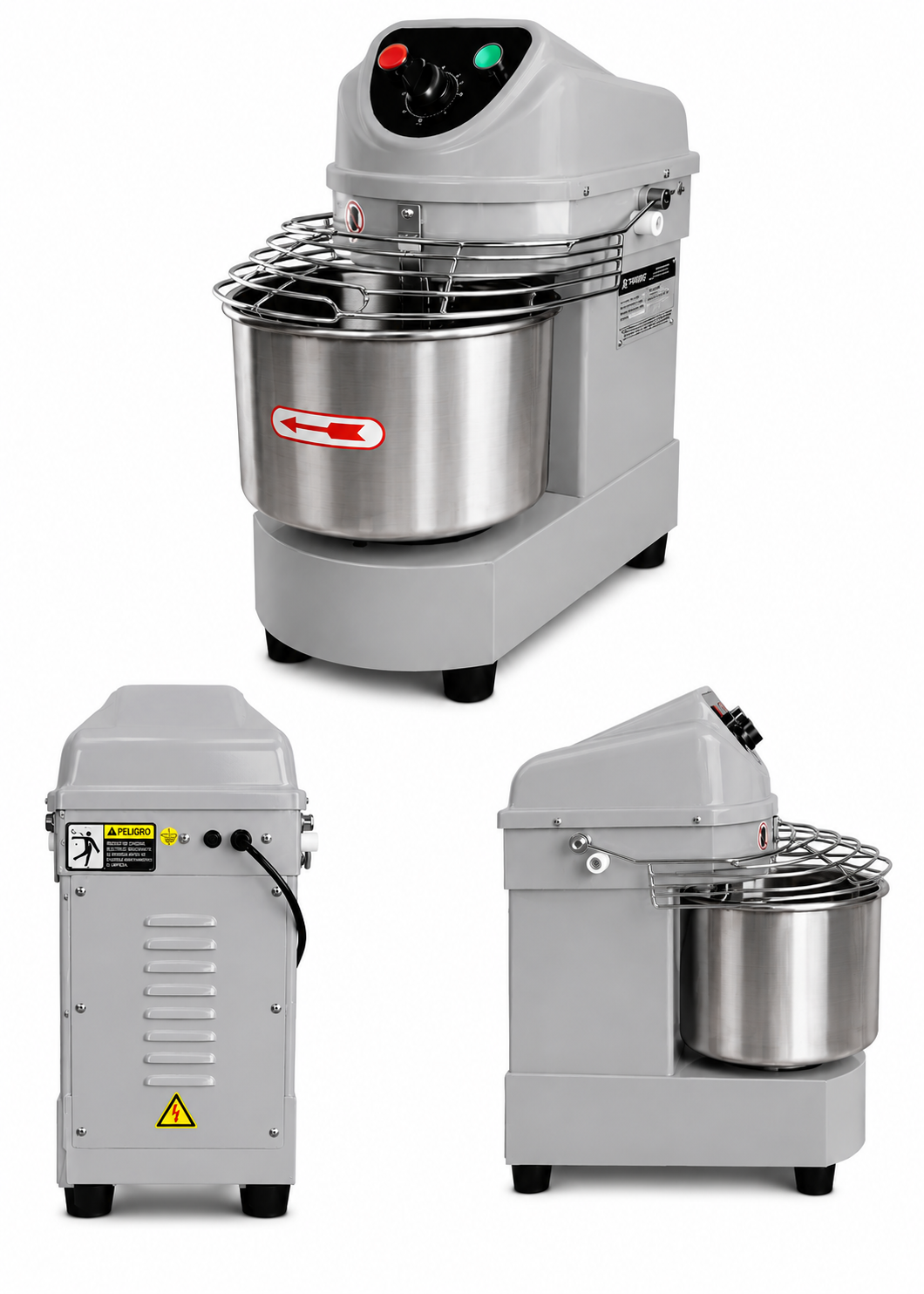 Amasadora industrial conexión monofásica de acero inoxidable plata 1 HP doble acción giratoria 10 L 4 kg de masa. Rhino AMASA-10 — imagen de producto