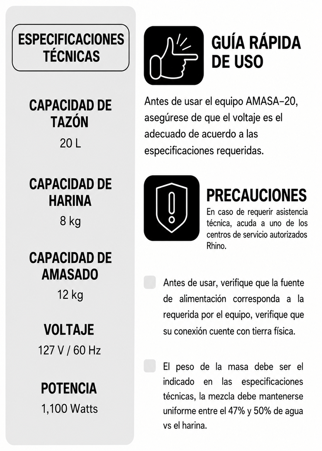 Amasadora industrial conexión monofásica de acero inoxidable plata doble acción giratoria 20 L 12 kg de masa (velocidad del gancho 315 RPM). Rhino AMASA-20 — imagen de producto