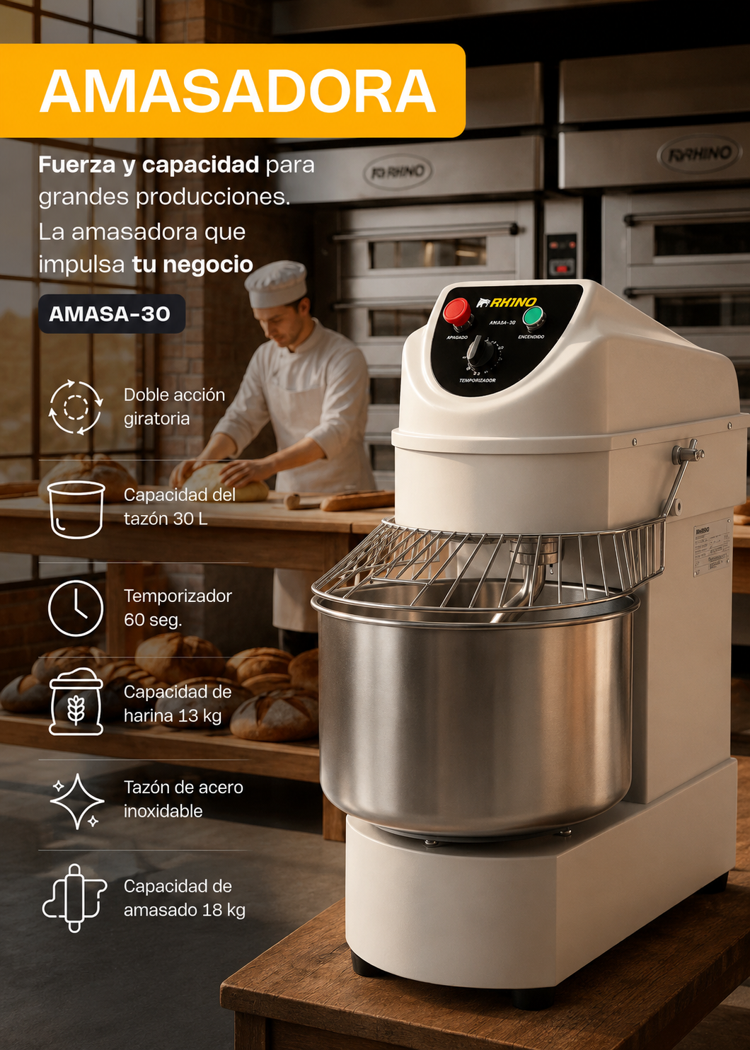 Amasadora industrial de conexión monofásica de acero inoxidable plata 2 HP doble acción giratoria 30 L 18 kg de masa (velocidad del gancho de 350 RPM). Rhino AMASA-30 — imagen de producto