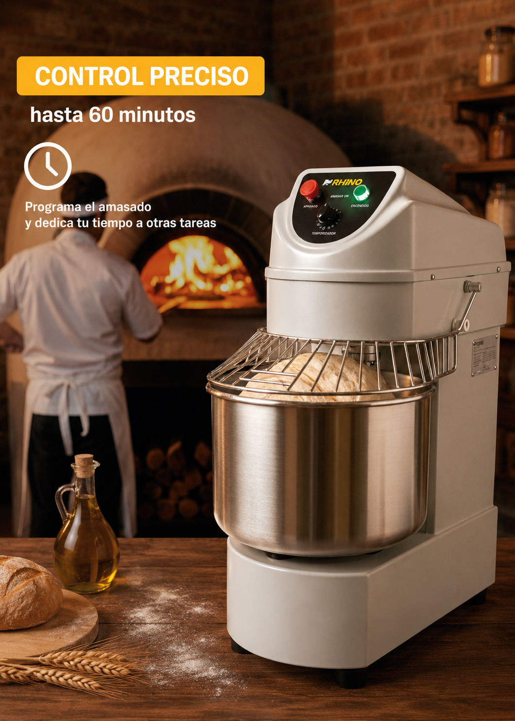 Amasadora industrial de conexión monofásica de acero inoxidable plata 2 HP doble acción giratoria 30 L 18 kg de masa (velocidad del gancho de 350 RPM). Rhino AMASA-30 — imagen de producto