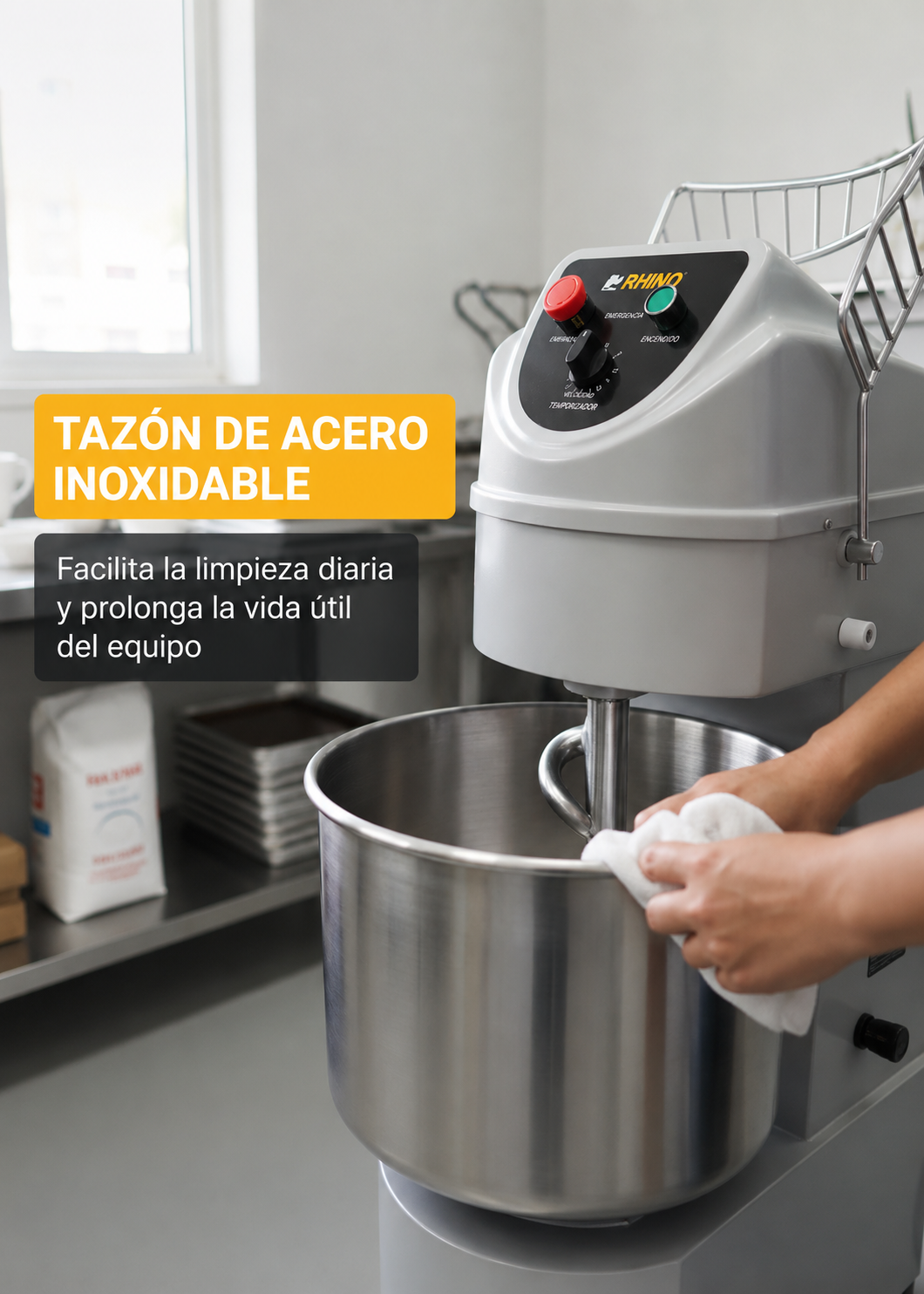 Amasadora industrial de conexión monofásica de acero inoxidable plata 2 HP doble acción giratoria 30 L 18 kg de masa (velocidad del gancho de 350 RPM). Rhino AMASA-30 — imagen de producto
