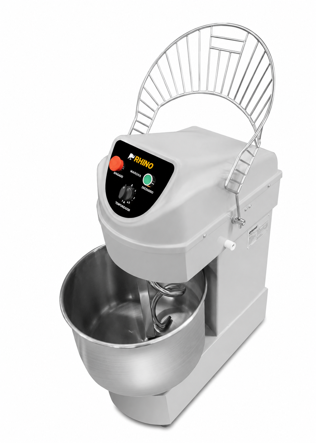Amasadora industrial de conexión monofásica de acero inoxidable plata 2 HP doble acción giratoria 30 L 18 kg de masa (velocidad del gancho de 350 RPM). Rhino AMASA-30 — imagen de producto