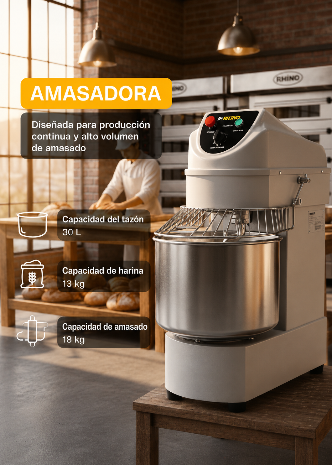 Amasadora industrial de conexión monofásica de acero inoxidable plata 2 HP doble acción giratoria 30 L 18 kg de masa (velocidad del gancho de 350 RPM). Rhino AMASA-30 — imagen de producto