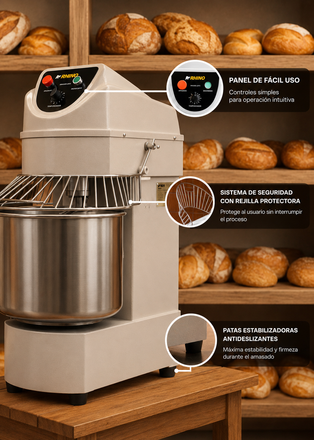 Amasadora industrial de conexión monofásica de acero inoxidable plata 2 HP doble acción giratoria 30 L 18 kg de masa (velocidad del gancho de 350 RPM). Rhino AMASA-30 — imagen de producto