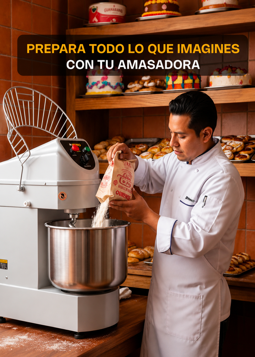 Amasadora industrial de conexión monofásica de acero inoxidable plata 2 HP doble acción giratoria 30 L 18 kg de masa (velocidad del gancho de 350 RPM). Rhino AMASA-30 — imagen de producto