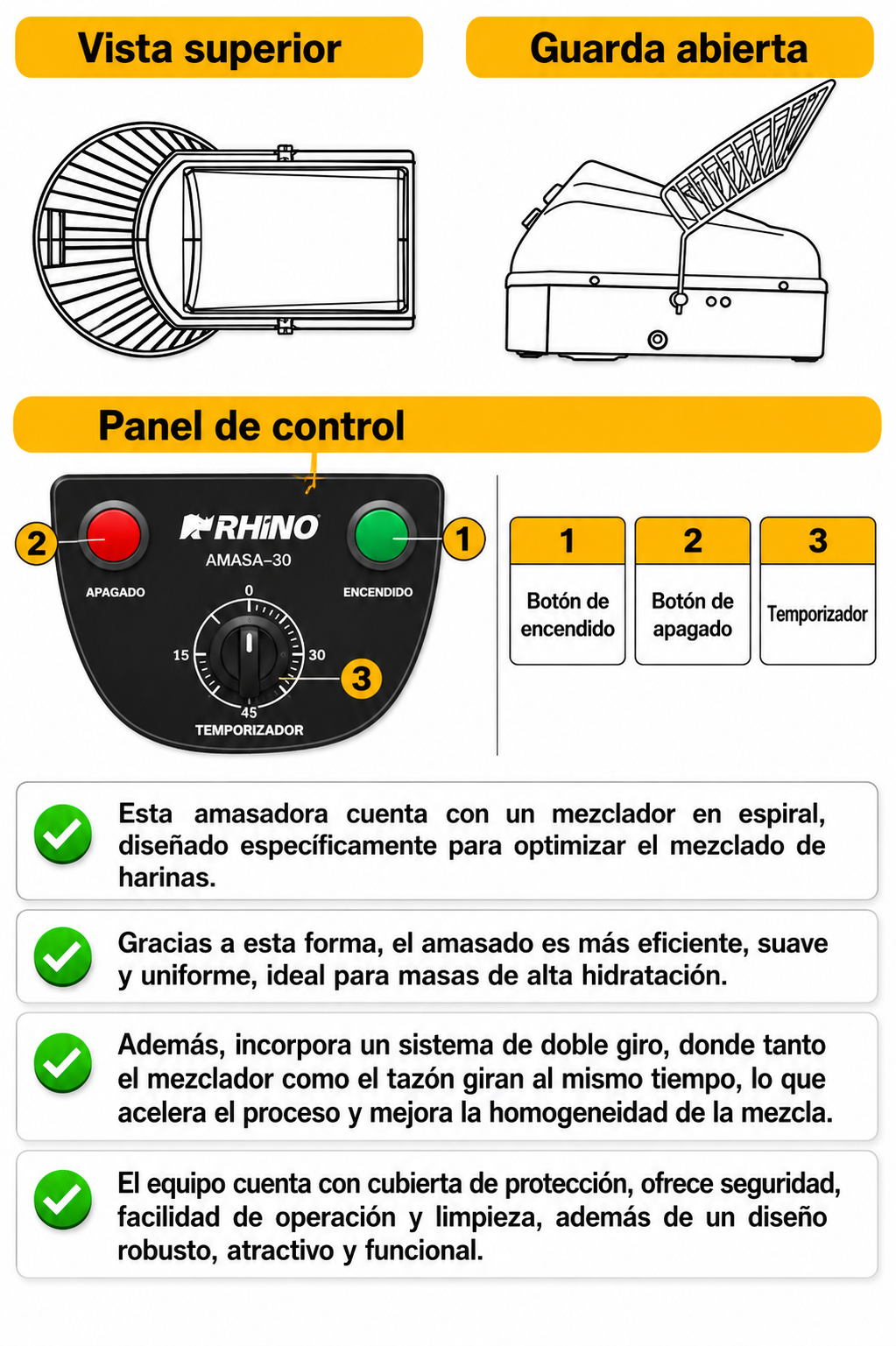 Amasadora industrial de conexión monofásica de acero inoxidable plata 2 HP doble acción giratoria 30 L 18 kg de masa (velocidad del gancho de 350 RPM). Rhino AMASA-30 — imagen de producto