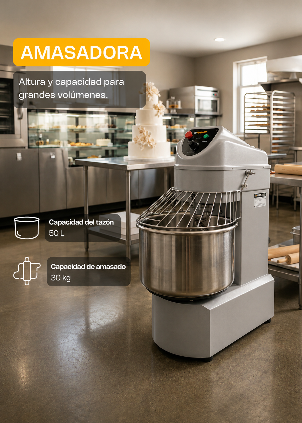Amasadora industrial conexón bifásica de acero inoxidable plata 4 HP doble acción giratoria 50 L 30 kg de masa (velocidad de espiral doble acción de 420 RPM). Rhino AMASA-50 — imagen de producto