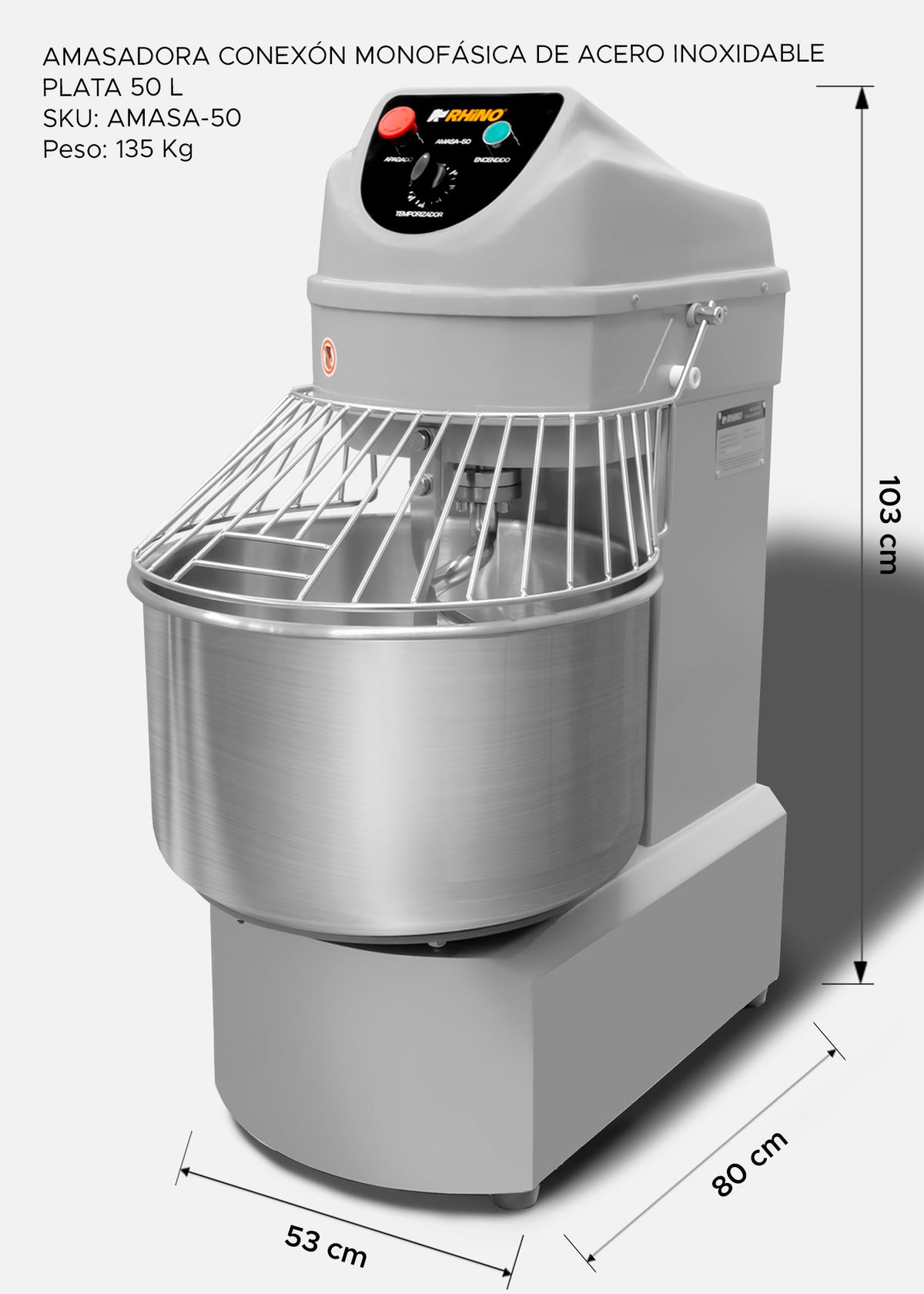 Amasadora industrial conexón bifásica de acero inoxidable plata 4 HP doble acción giratoria 50 L 30 kg de masa (velocidad de espiral doble acción de 420 RPM). Rhino AMASA-50 — imagen de producto
