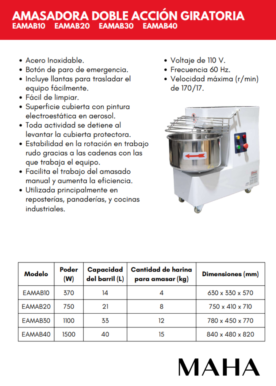 Amasadora doble acción giratoria de acero inoxidable 21 L volumen 8 kg capacidad — imagen de producto