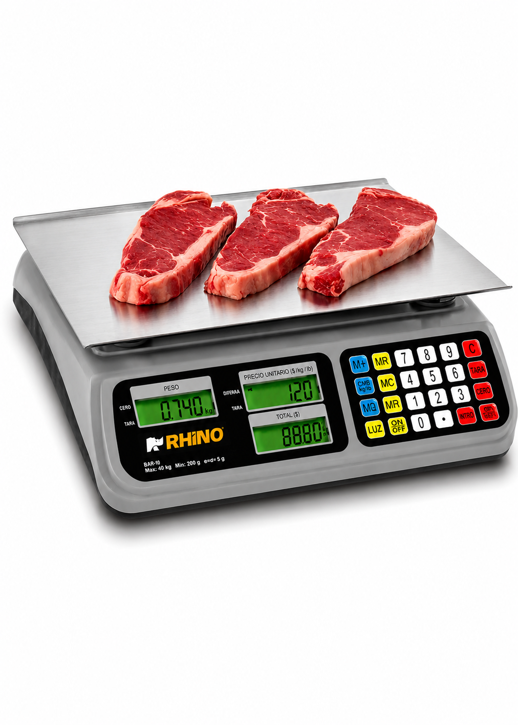 Bascula digital comercial peso / precio con batería recargable y funciones de caja registradora 40 kg división mínima 2 g plato de acero inoxidable de 33x25 cm. Rhino BAR-8 — imagen de producto