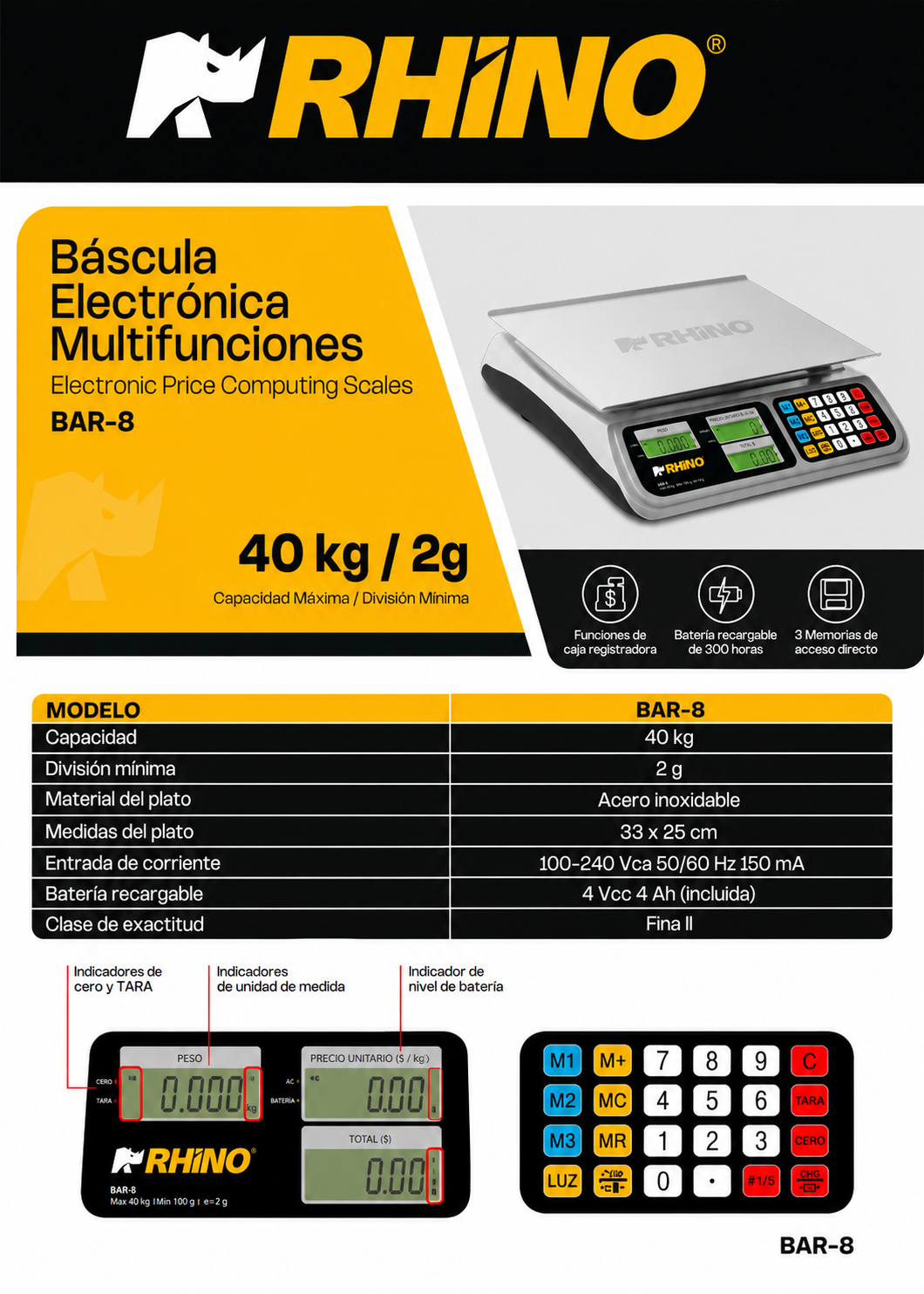 Bascula digital comercial peso / precio con batería recargable y funciones de caja registradora 40 kg división mínima 2 g plato de acero inoxidable de 33x25 cm. Rhino BAR-8 — imagen de producto