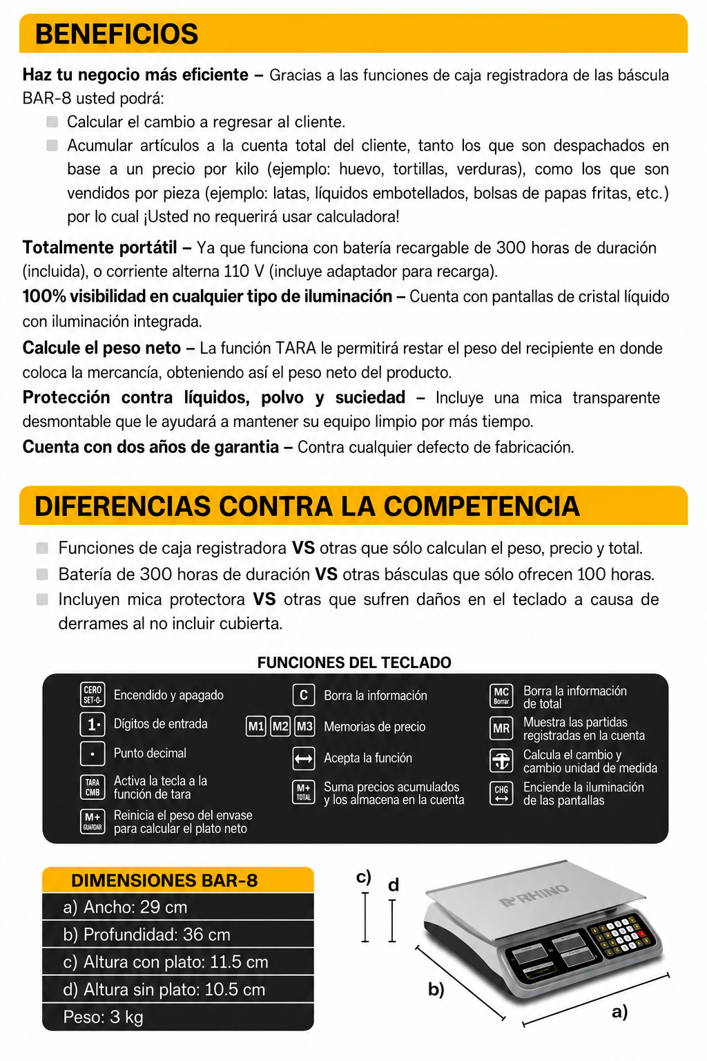 Bascula digital comercial peso / precio con batería recargable y funciones de caja registradora 40 kg división mínima 2 g plato de acero inoxidable de 33x25 cm. Rhino BAR-8 — imagen de producto