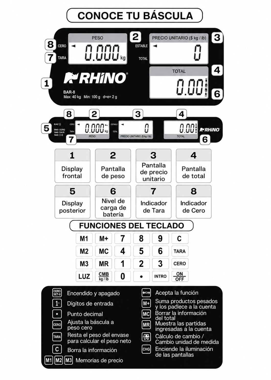 Bascula digital comercial peso / precio con batería recargable y funciones de caja registradora 40 kg división mínima 2 g plato de acero inoxidable de 33x25 cm. Rhino BAR-8 — imagen de producto