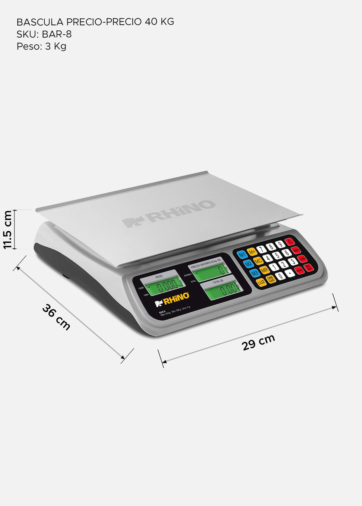 Bascula digital comercial peso / precio con batería recargable y funciones de caja registradora 40 kg división mínima 2 g plato de acero inoxidable de 33x25 cm. Rhino BAR-8 — imagen de producto