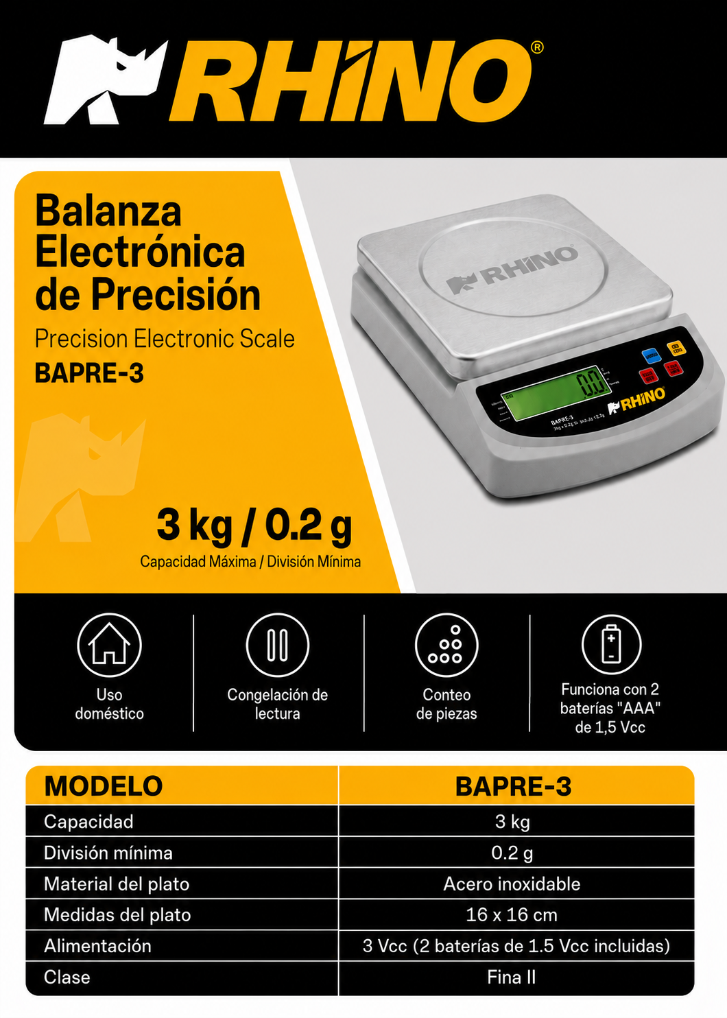 Bascula digital de precisión tara y conteo de piezas para cocina capacidad máxima 3 kg división mínima 0.2 g plato de acero inoxidable de 16x16 cm. Rhino BAPRE-3 — imagen de producto