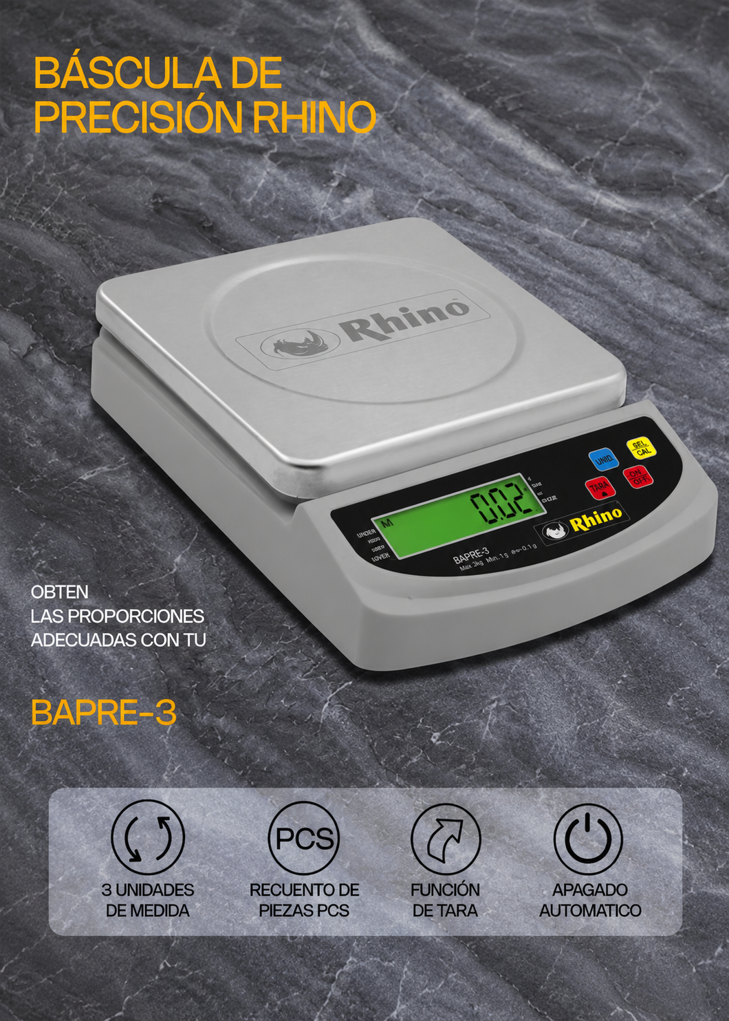 Bascula digital de precisión tara y conteo de piezas para cocina capacidad máxima 3 kg división mínima 0.2 g plato de acero inoxidable de 16x16 cm. Rhino BAPRE-3 — imagen de producto