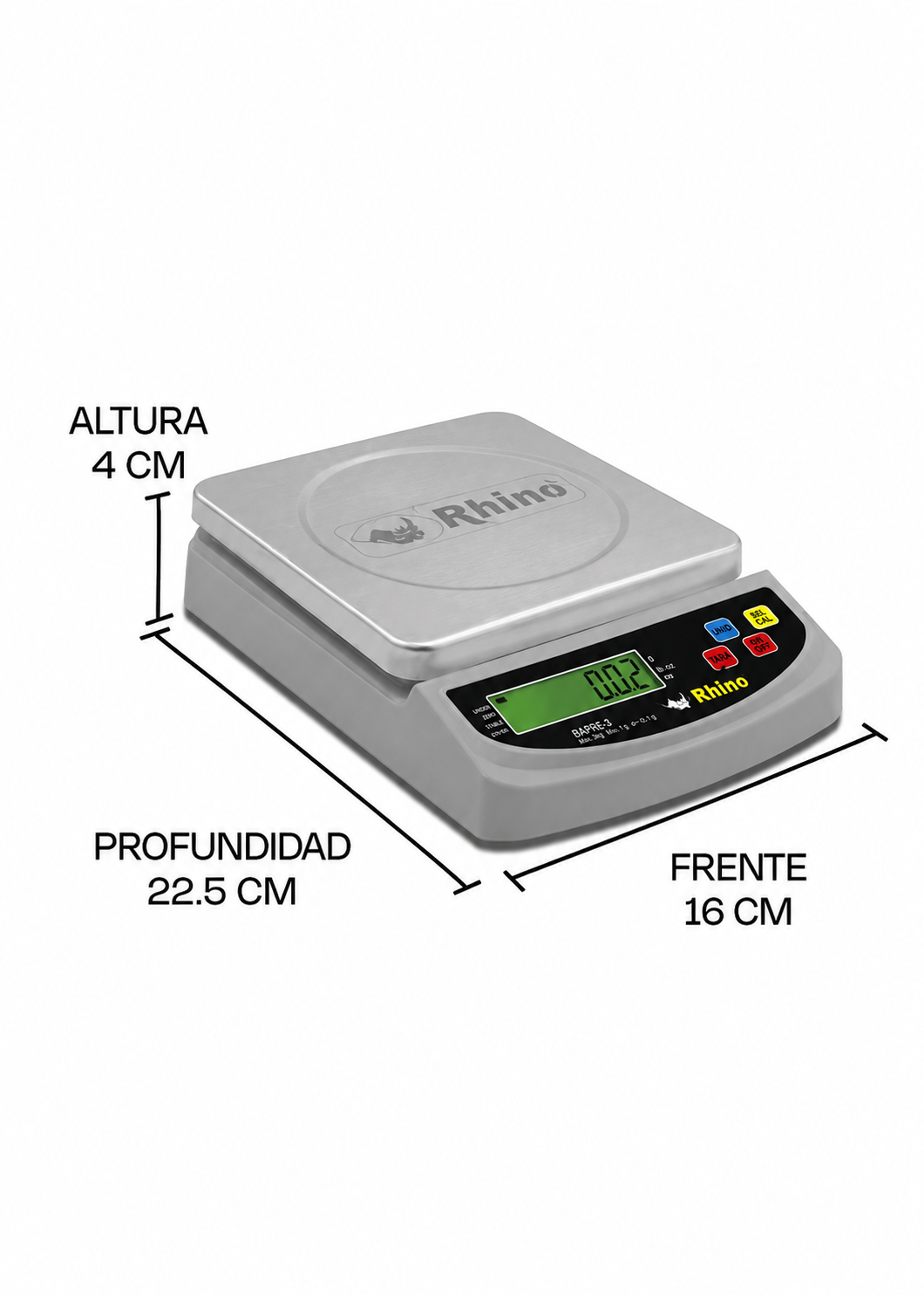 Bascula digital de precisión tara y conteo de piezas para cocina capacidad máxima 3 kg división mínima 0.2 g plato de acero inoxidable de 16x16 cm. Rhino BAPRE-3 — imagen de producto