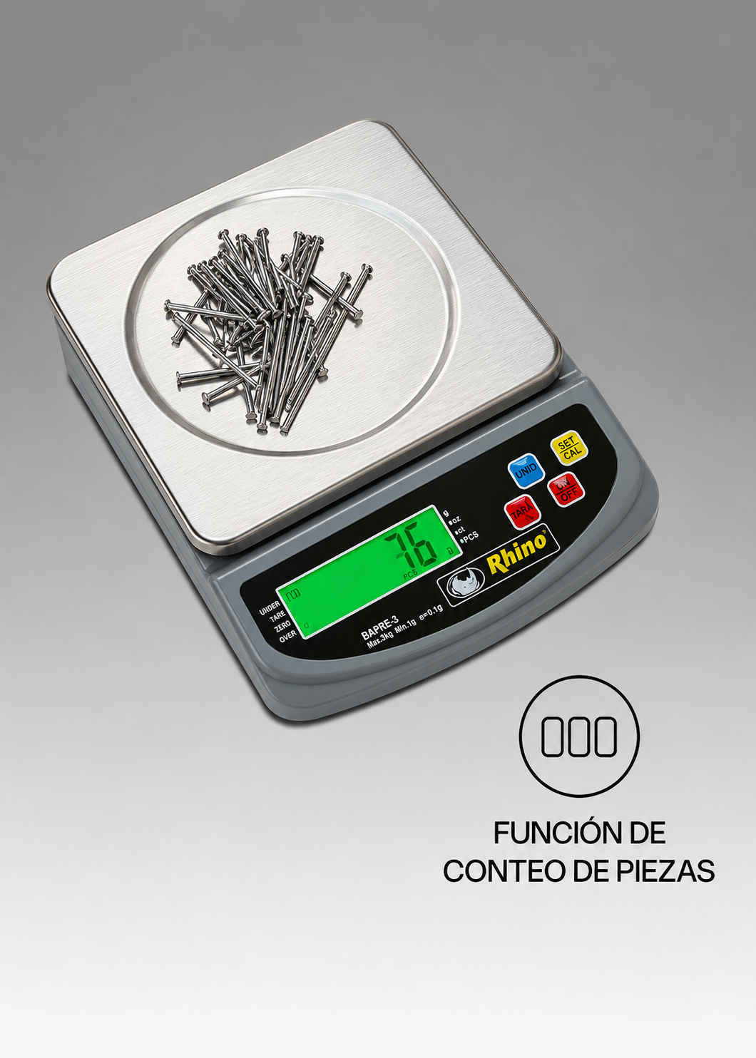 Bascula digital de precisión tara y conteo de piezas para cocina capacidad máxima 3 kg división mínima 0.2 g plato de acero inoxidable de 16x16 cm. Rhino BAPRE-3 — imagen de producto