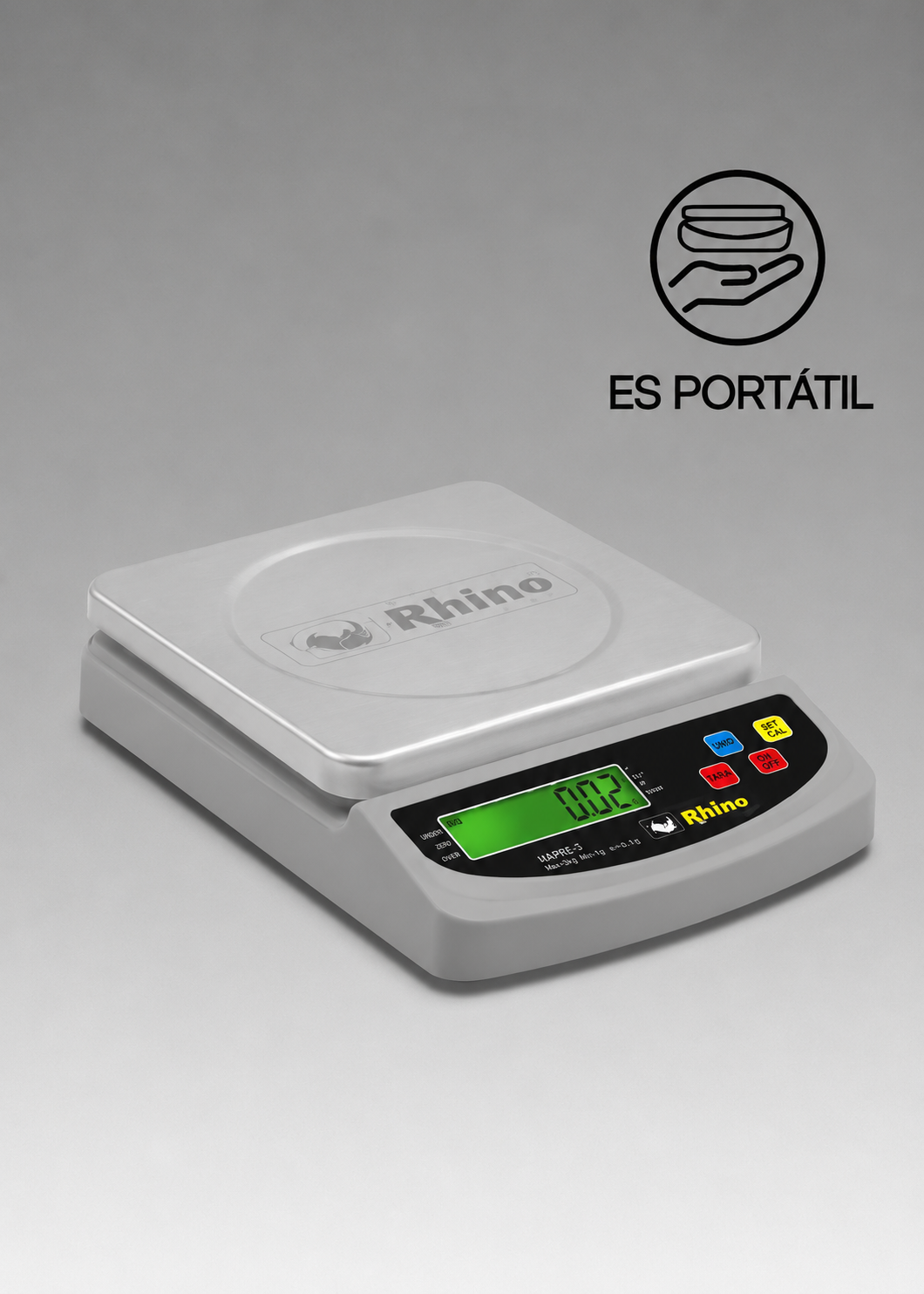 Bascula digital de precisión tara y conteo de piezas para cocina capacidad máxima 3 kg división mínima 0.2 g plato de acero inoxidable de 16x16 cm. Rhino BAPRE-3 — imagen de producto