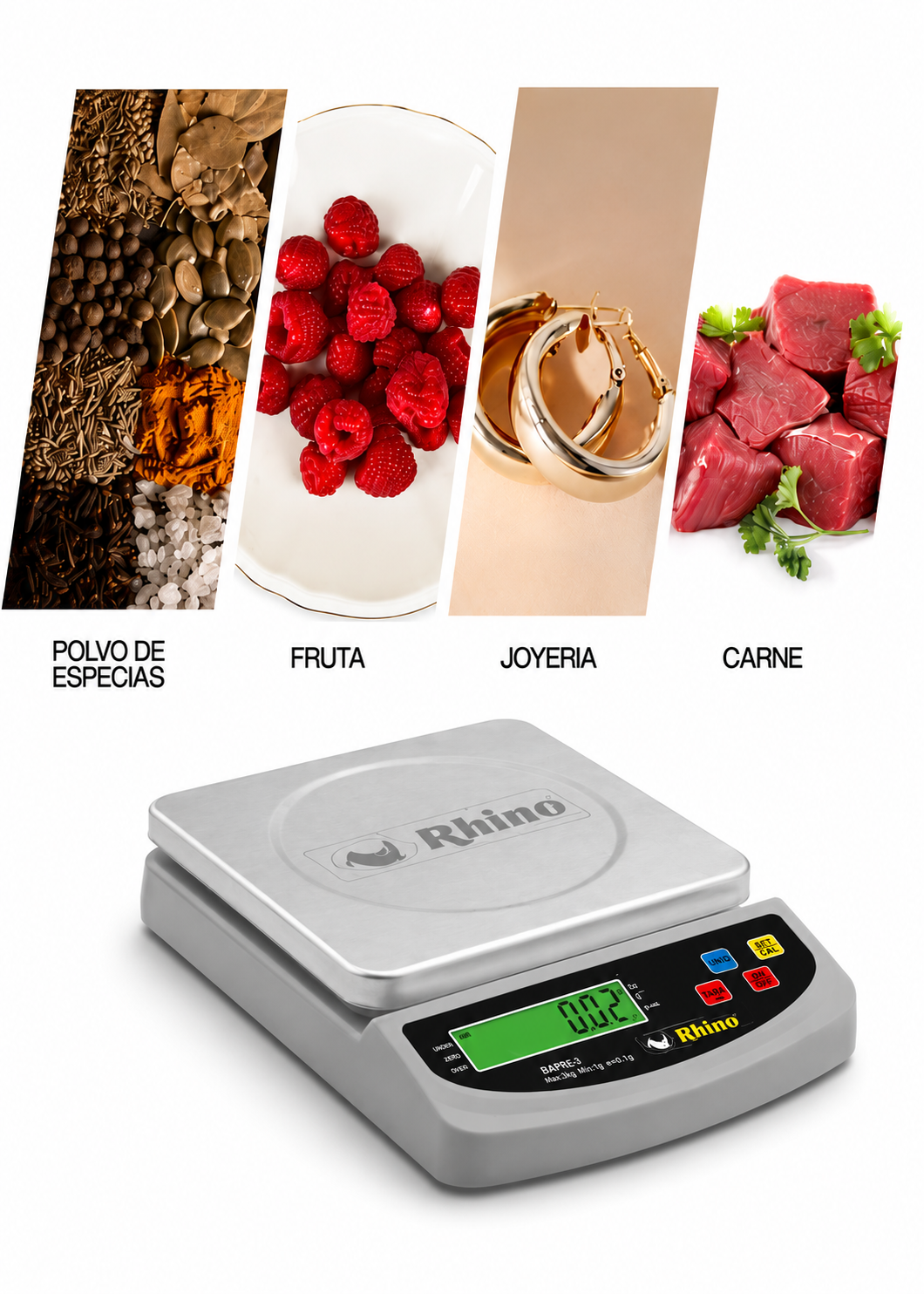 Bascula digital de precisión tara y conteo de piezas para cocina capacidad máxima 3 kg división mínima 0.2 g plato de acero inoxidable de 16x16 cm. Rhino BAPRE-3 — imagen de producto