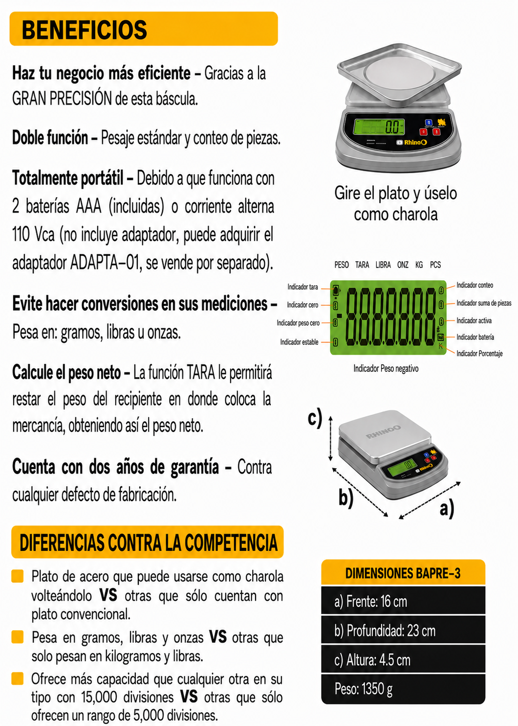 Bascula digital de precisión tara y conteo de piezas para cocina capacidad máxima 3 kg división mínima 0.2 g plato de acero inoxidable de 16x16 cm. Rhino BAPRE-3 — imagen de producto