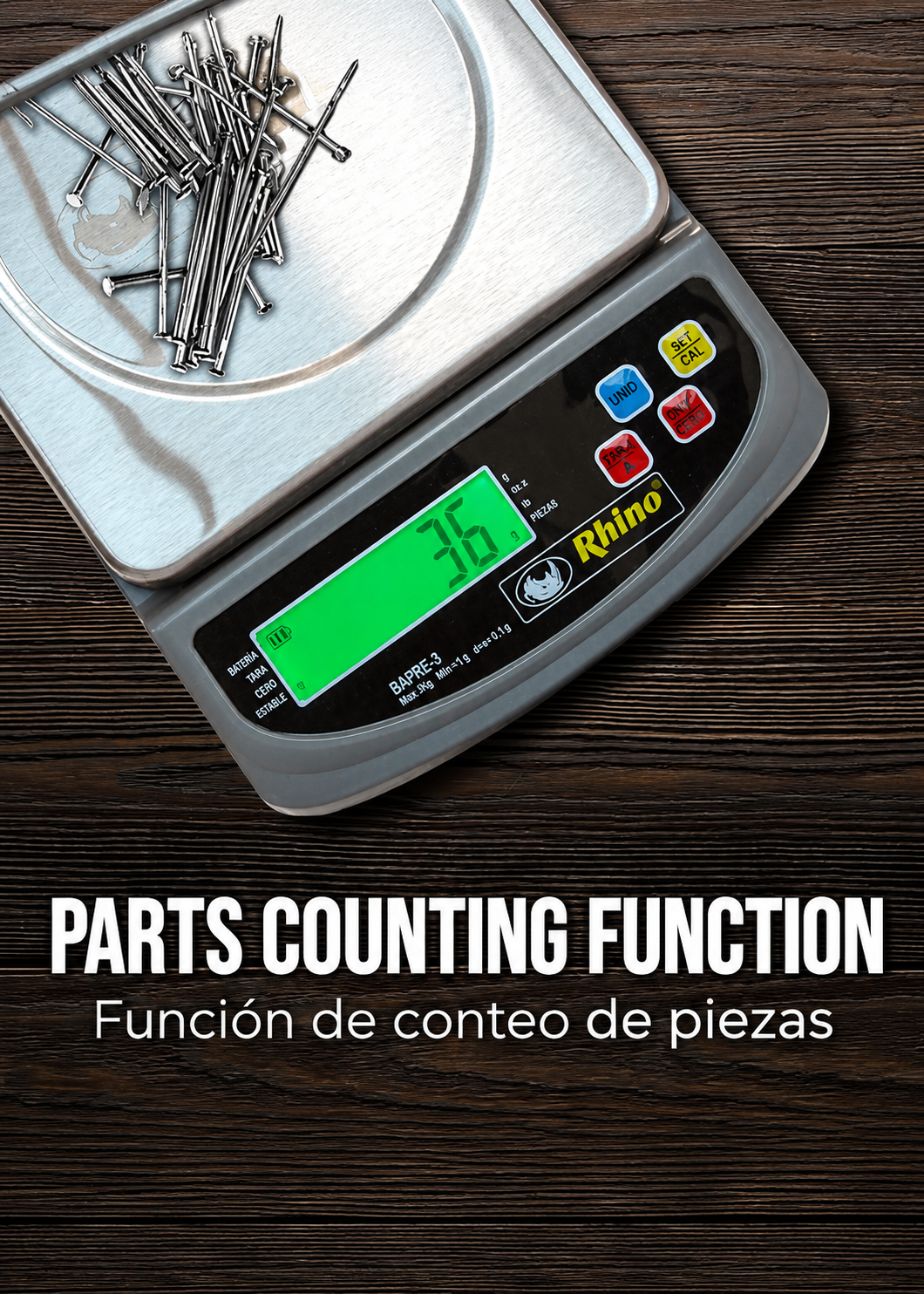 Bascula digital de precisión tara y conteo de piezas para cocina capacidad máxima 3 kg división mínima 0.2 g plato de acero inoxidable de 16x16 cm. Rhino BAPRE-3 — imagen de producto