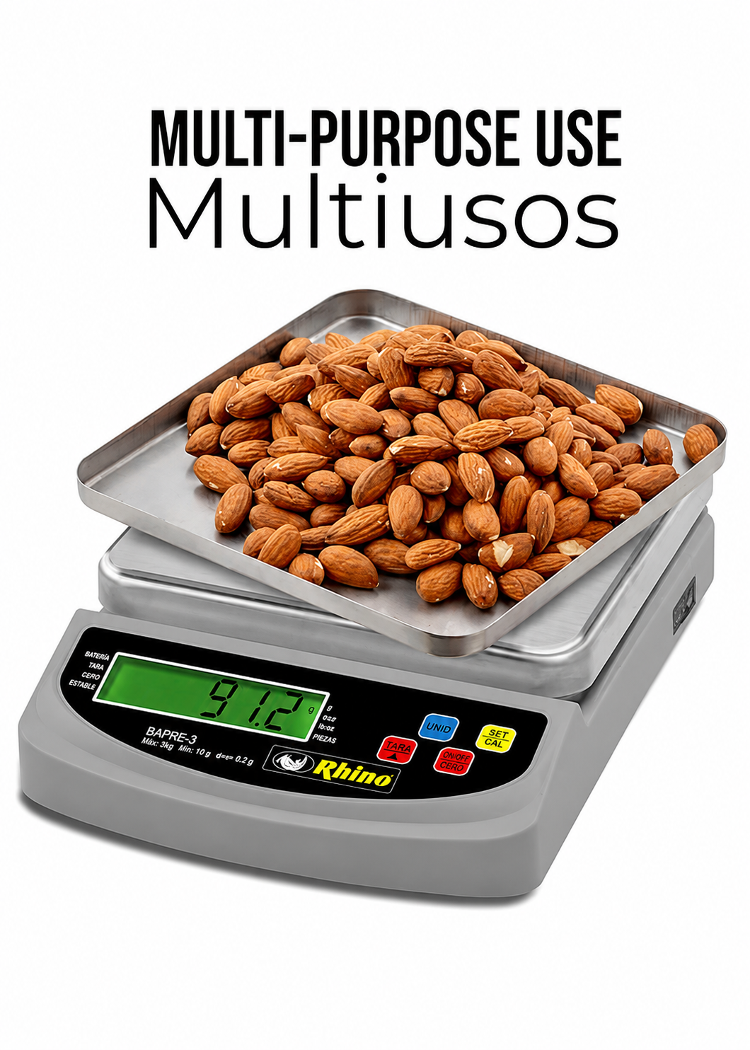 Bascula digital de precisión tara y conteo de piezas para cocina capacidad máxima 3 kg división mínima 0.2 g plato de acero inoxidable de 16x16 cm. Rhino BAPRE-3 — imagen de producto