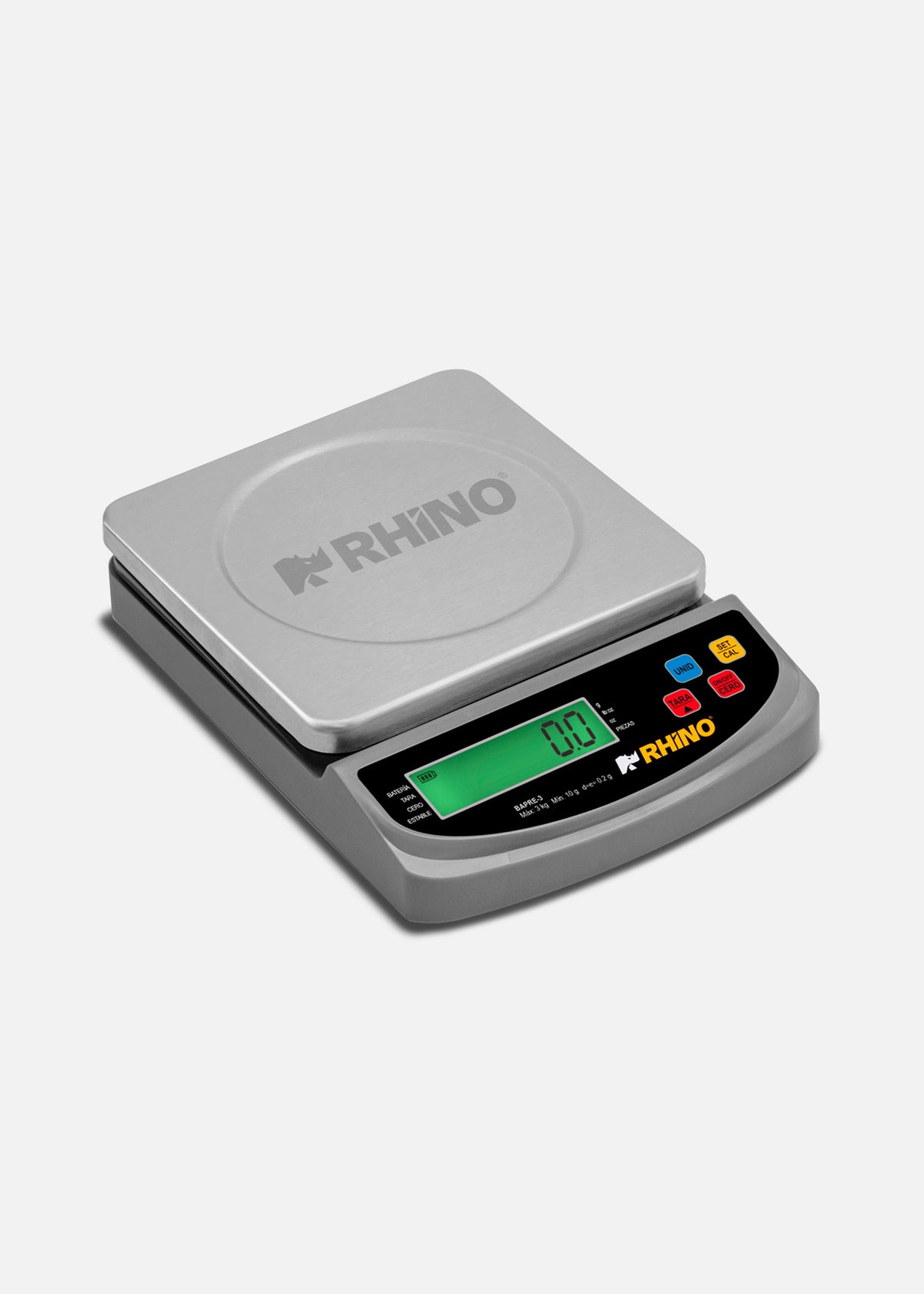 Bascula digital de precisión tara y conteo de piezas para cocina capacidad máxima 3 kg división mínima 0.2 g plato de acero inoxidable de 16x16 cm. Rhino BAPRE-3 — imagen de producto