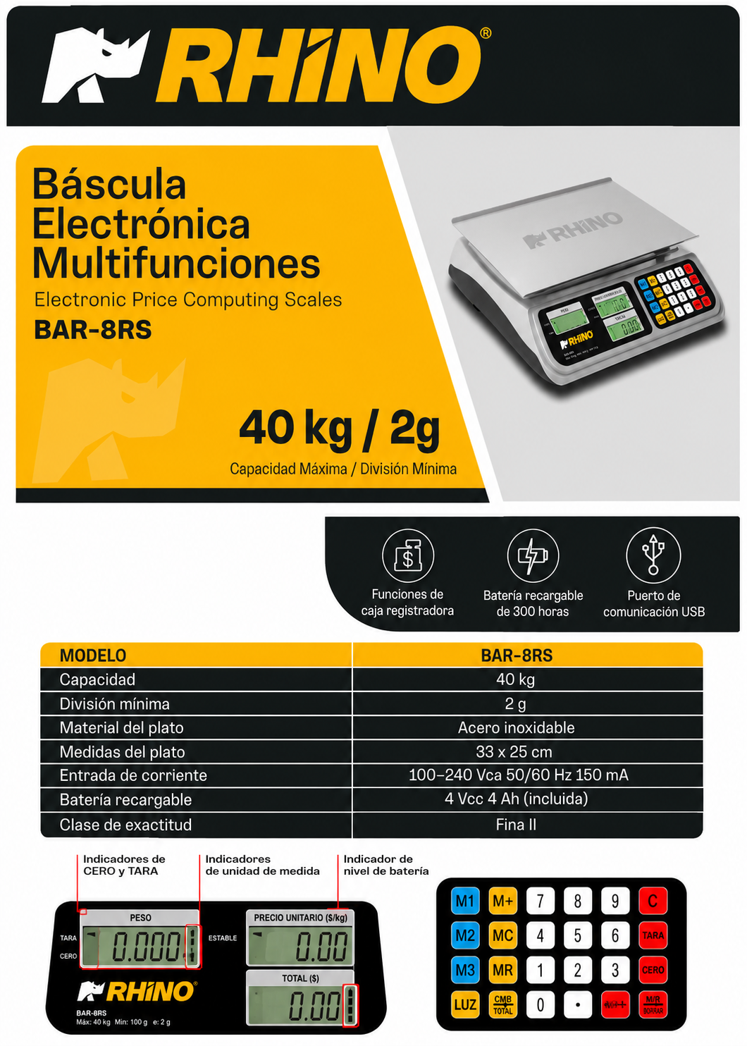 Bascula digital peso / precio con puerto USB comercial profesional para negocios y food service 40 kg división mínima 2 g plato de acero inoxidable de 33x25 cm. Rhino BAR-8RS — imagen de producto