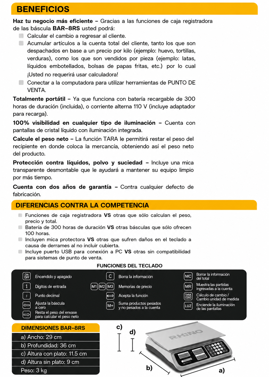 Bascula digital peso / precio con puerto USB comercial profesional para negocios y food service 40 kg división mínima 2 g plato de acero inoxidable de 33x25 cm. Rhino BAR-8RS — imagen de producto