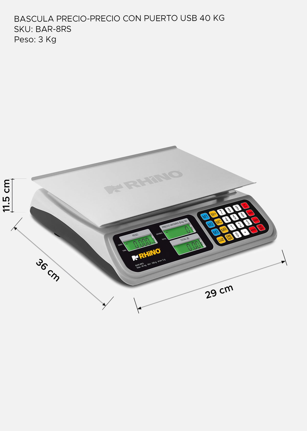 Bascula digital peso / precio con puerto USB comercial profesional para negocios y food service 40 kg división mínima 2 g plato de acero inoxidable de 33x25 cm. Rhino BAR-8RS — imagen de producto