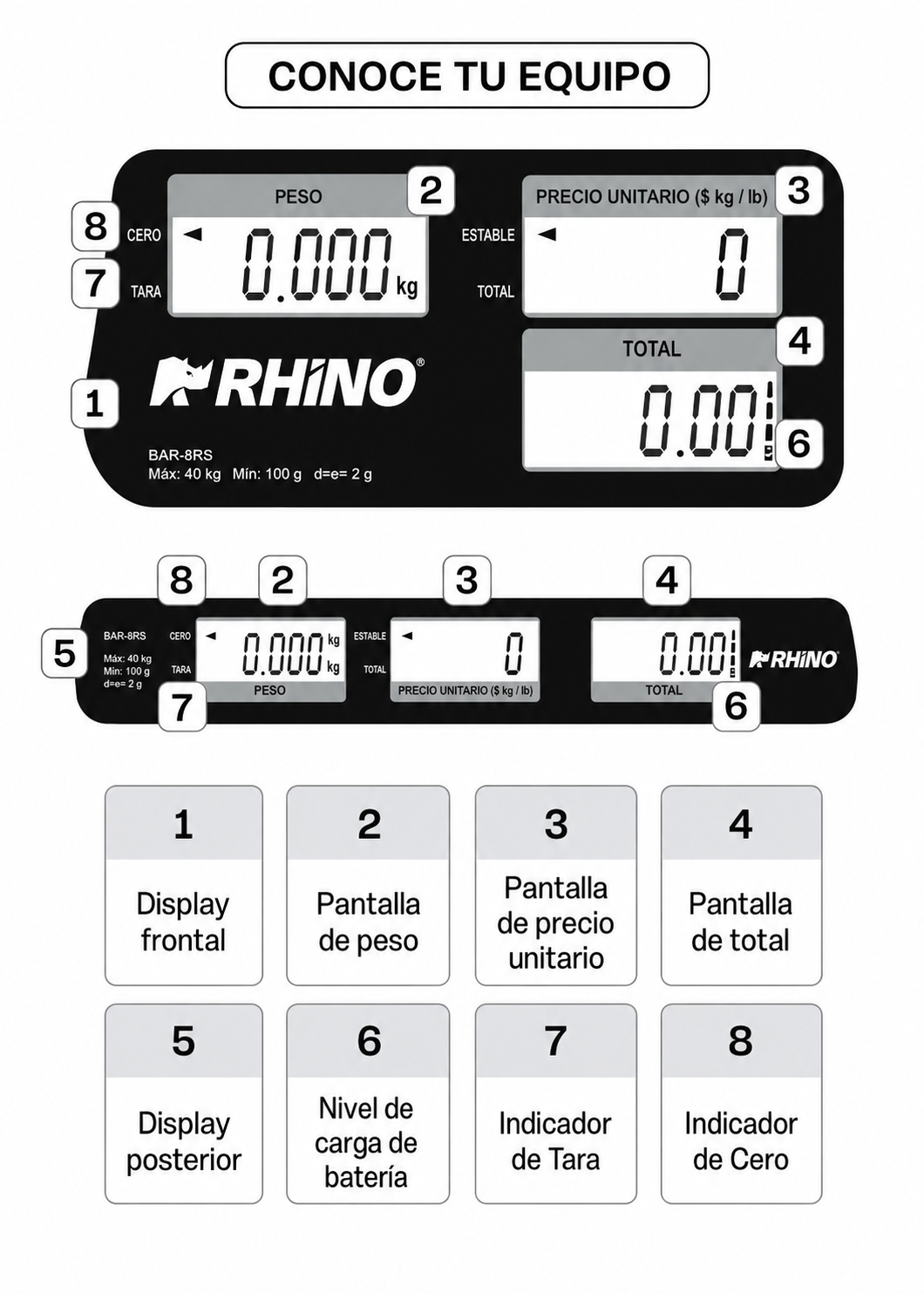 Bascula digital peso / precio con puerto USB comercial profesional para negocios y food service 40 kg división mínima 2 g plato de acero inoxidable de 33x25 cm. Rhino BAR-8RS — imagen de producto